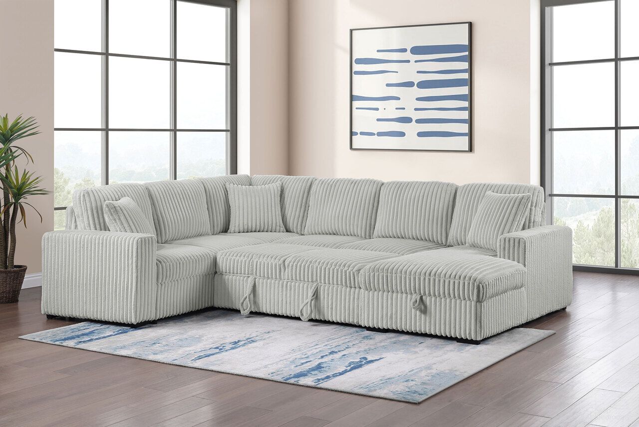 The appearance of Devonshire Sleeper Sectional Sofa Storage Chaise In Grey designed by Coaster in the transitional interior design. This grey piece of furniture was selected by 1StopBedrooms from Devonshire Collection to add a touch of cosiness and style into your home. Sku: 501208B1;501208B2;501208B3. Layout: Sofa & Chaise. Material: Corduroy.