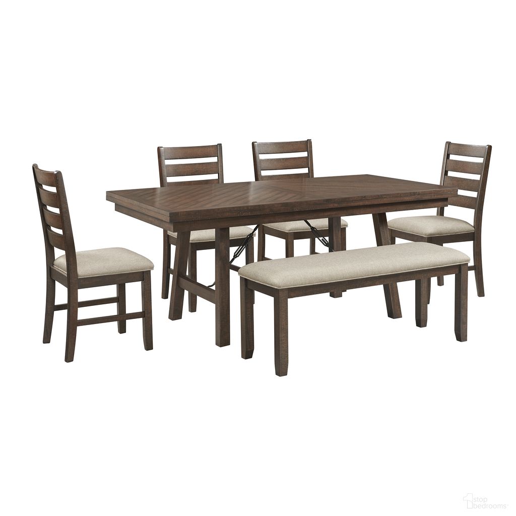 The appearance of Dex 6-Piece Dining Room Set In Sandy Taupe and Cherry designed by Picket House in the transitional interior design. This sandy taupe/cherry piece of furniture  was selected by 1StopBedrooms from Dex Collection to add a touch of cosiness and style into your home. Sku: DJX1006DS2. Table Base Style: Trestle. Table Top Shape: Rectangular. Material: Acacia.