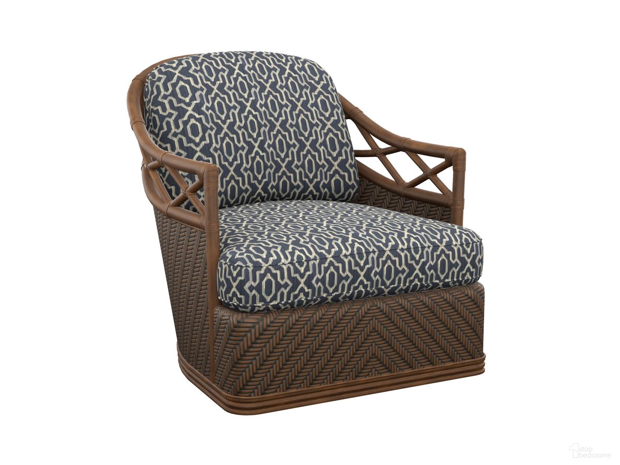 The appearance of Featured Upholstery Diamond Cove Swivel Chair In Blue designed by Tommy Bahama in the transitional interior design. This blue piece of furniture was selected by 1StopBedrooms from Featured Upholstery Collection to add a touch of cosiness and style into your home. Sku: 1685-11SW-70. Material: Wicker.