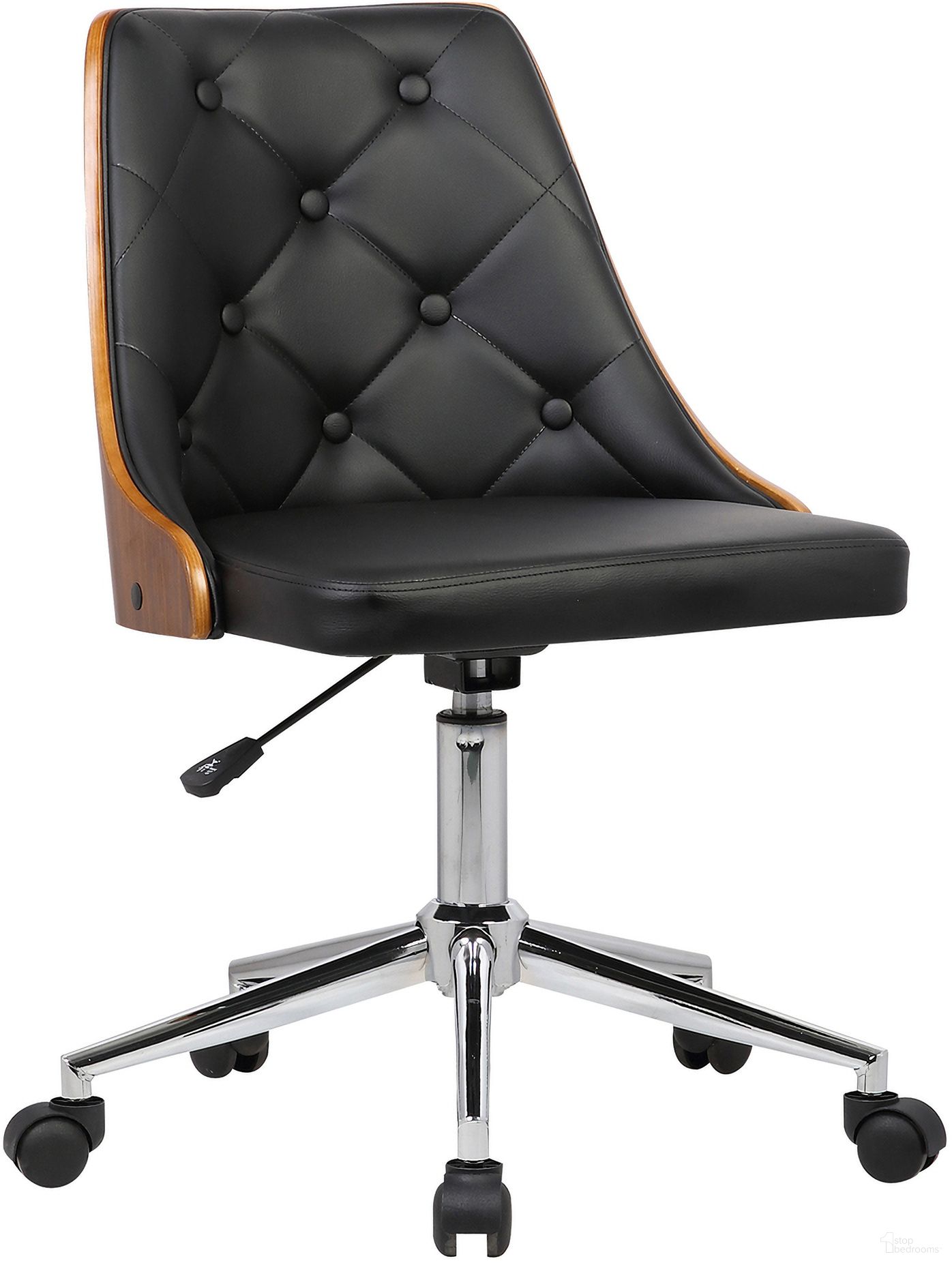 Diamond Mid-Century Office Chair In Chrome Finish with Tufted Black Faux Leather and Walnut Veneer Back