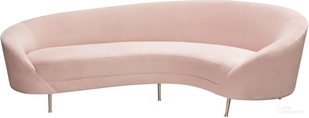 Celine Curved Sofa With Contoured Back In Blush Pink Velvet And Gold Metal Legs