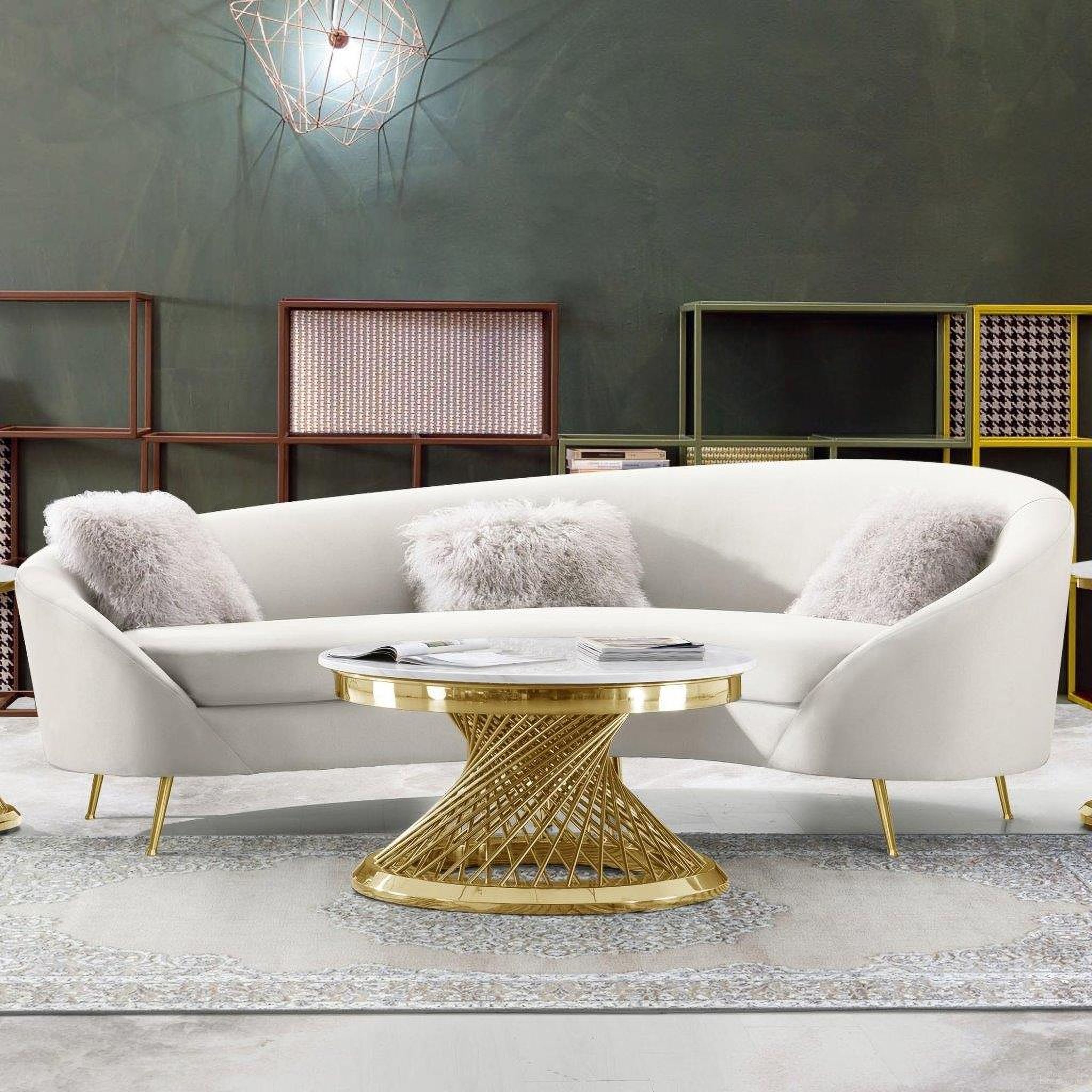 The appearance of Diamond Sofa Celine Cream Velvet Curved Sofa designed by Diamond Sofa in the modern / contemporary interior design. This cream piece of furniture  was selected by 1StopBedrooms from Celine Collection to add a touch of cosiness and style into your home. Sku: CELINESOCM. Material: Velvet.