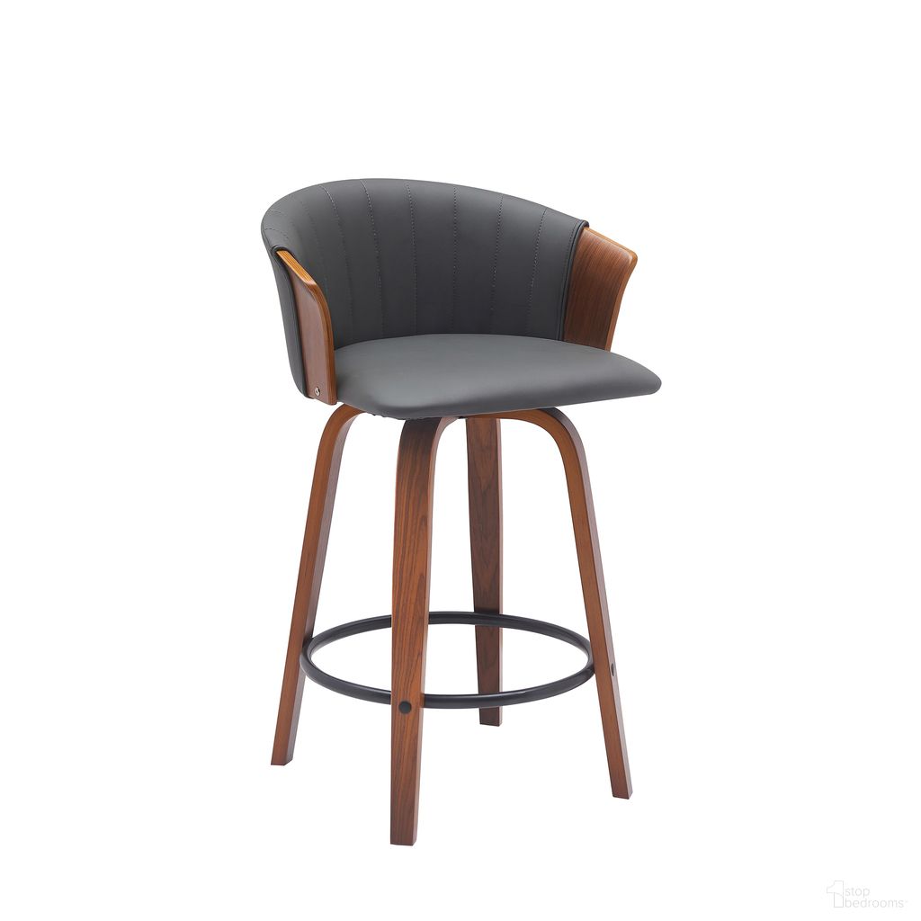 The appearance of Diana 26 Inch Swivel Walnut Wood Counter Stool In Gray Faux Leather designed by Armen Living in the modern / contemporary interior design. This gray piece of furniture  was selected by 1StopBedrooms from Diana Collection to add a touch of cosiness and style into your home. Sku: LCDIBAWAGRY26. Material: Faux Leather.