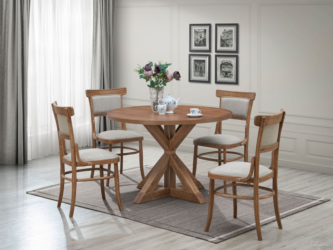 The appearance of Diana Trestle Base Dining Room Set In Vintage Honey designed by Carolina Living in the traditional interior design. This vintage honey piece of furniture was selected by 1StopBedrooms from Diana Collection to add a touch of cosiness and style into your home. Sku: DT-4830-TB-VHWD;CH-1937-UB-VHLN. Table Top Shape: Round. Size: 47". Material: Chipboard.