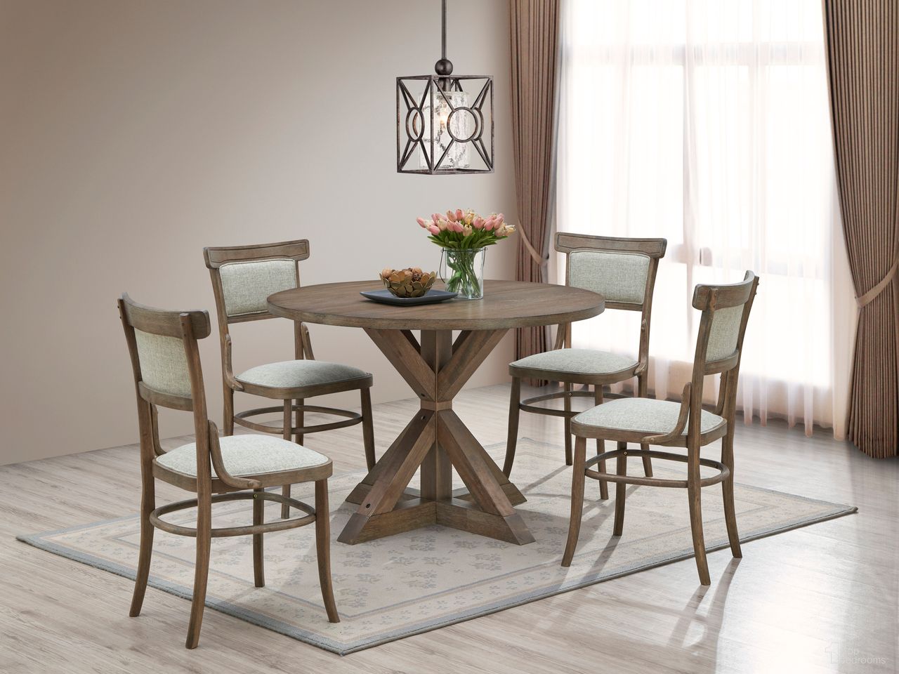 The appearance of Diana Trestle Base Dining Room Set In Vintage Walnut designed by Carolina Living in the traditional interior design. This vintage walnut piece of furniture was selected by 1StopBedrooms from Diana Collection to add a touch of cosiness and style into your home. Sku: DT-4830-TB-VWWD;CH-1937-UB-VWPP. Table Top Shape: Round. Size: 47". Material: Chipboard.