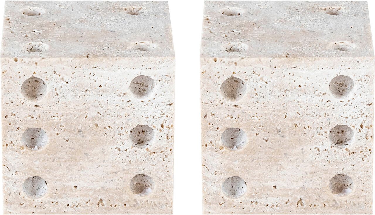 The appearance of Dice Travertine Decorative Dice In Natural designed by Meridian in the modern / contemporary interior design. This natural piece of furniture was selected by 1StopBedrooms from Dice Collection to add a touch of cosiness and style into your home. Sku: ACC130-Travertine. Material: Travertine.