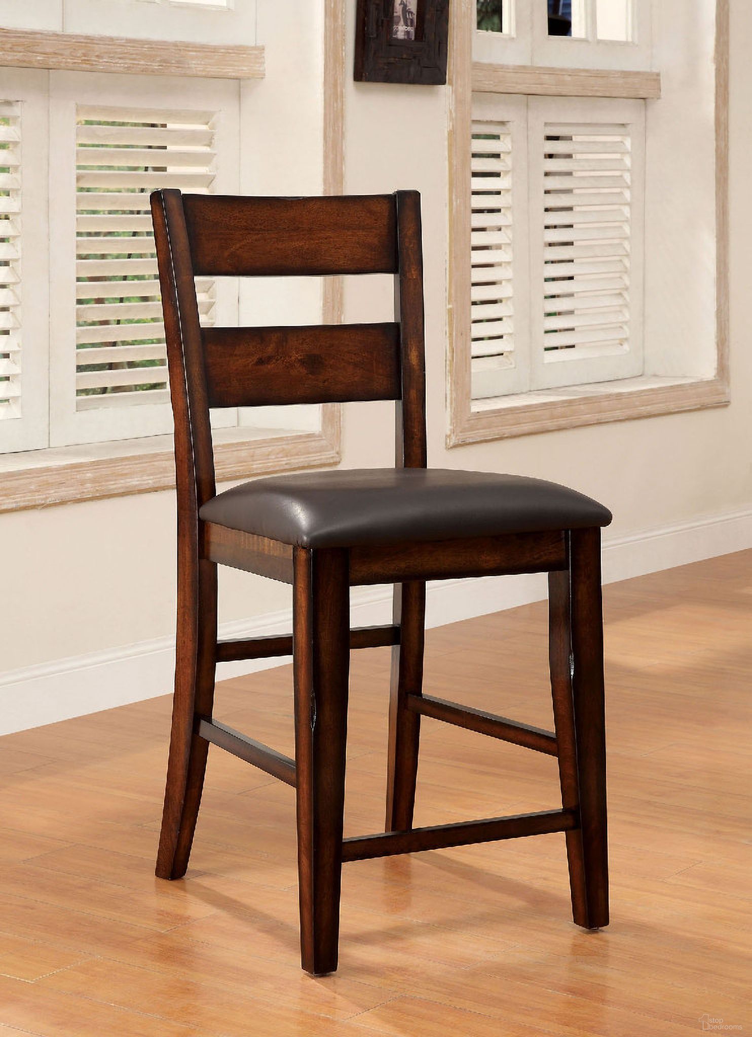 The appearance of Dickinson Counter Height Chair Set of 2 In Dark Cherry designed by Furniture of America in the transitional interior design. This dark cherry piece of furniture  was selected by 1StopBedrooms from Dickinson Collection to add a touch of cosiness and style into your home. Sku: CM3187PC-2PK. Material: Wood.