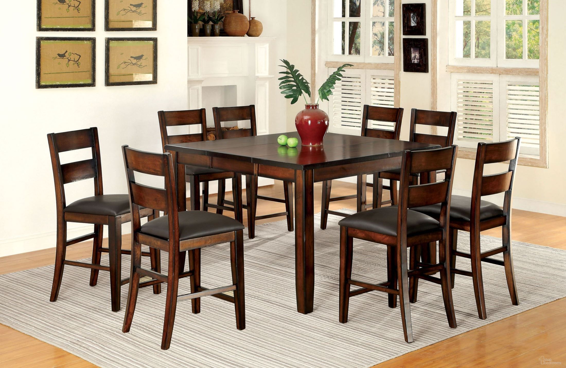 The appearance of Dickinson II Dining Room Set In Dark Cherry designed by Furniture of America in the transitional interior design. This brown piece of furniture  was selected by 1StopBedrooms from Dickinson Collection to add a touch of cosiness and style into your home. Sku: CM3187PT;CM3187PC-2PK. Table Base Style: Legs. Table Top Shape: Square. Material: Wood. Size: 54" x 54".