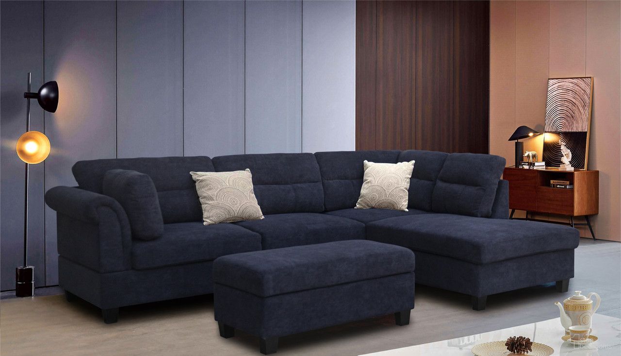 The appearance of Diego 100"W Black Fabric Sectional Sofa with Right Facing Chaise, Storage Ottoman, and 2 Accent Pillows designed by Lilola Home in the modern / contemporary interior design. This black piece of furniture  was selected by 1StopBedrooms from Diego Collection to add a touch of cosiness and style into your home. Sku: V83001-S;V83001-C;V83001-O. Material: Polyester.