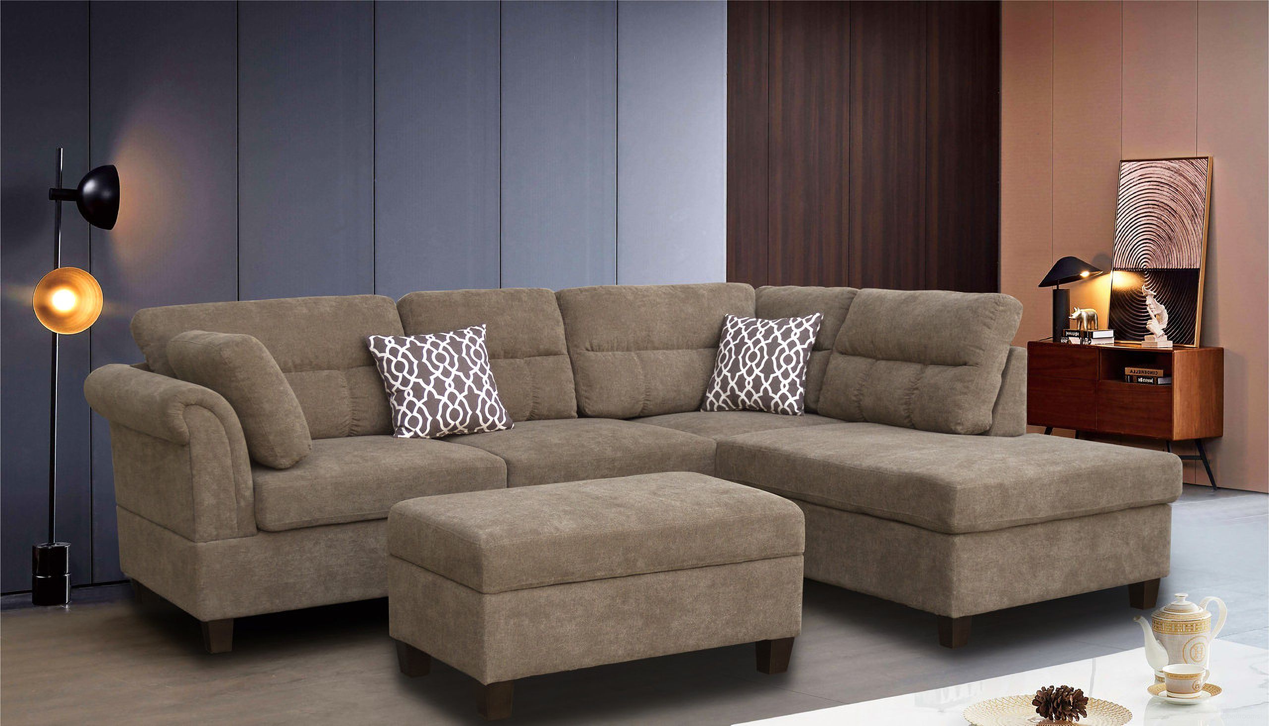 The appearance of Diego 103.5 Inch Fabric Sectional Sofa with Right Facing Chaise, Storage Ottoman and 2 Accent Pillows In Brown designed by Lilola Home in the modern / contemporary interior design. This brown piece of furniture was selected by 1StopBedrooms from Diego Collection to add a touch of cosiness and style into your home. Sku: A83003-S;A83003-C;A83003-O. Material: Polyester.
