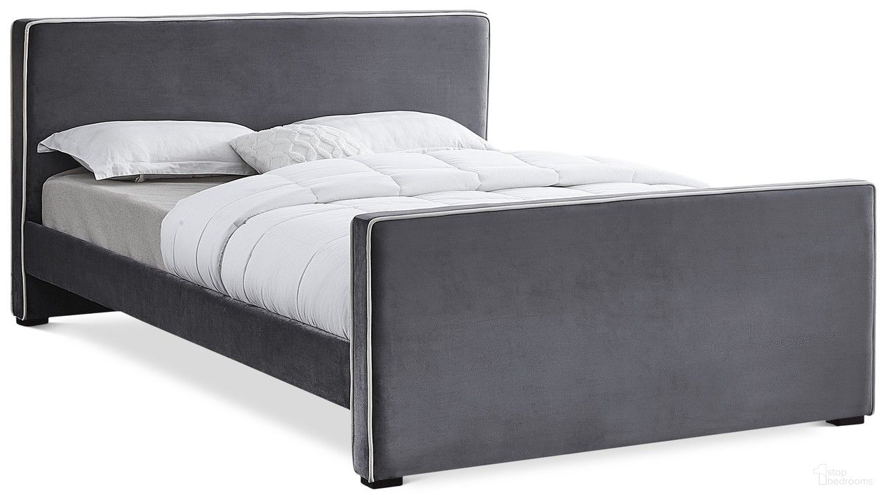 The appearance of Dillard Velvet King Bed In Grey designed by Meridian in the modern / contemporary interior design. This grey piece of furniture  was selected by 1StopBedrooms from Dillard Collection to add a touch of cosiness and style into your home. Sku: DillardGrey-K Box 1/2 (Headboard / Footboard / Slats);DillardGrey-K Box 2/2 (Siderails / Legs). Bed Type: Panel Bed. Bed Size: King. Material: Velvet.
