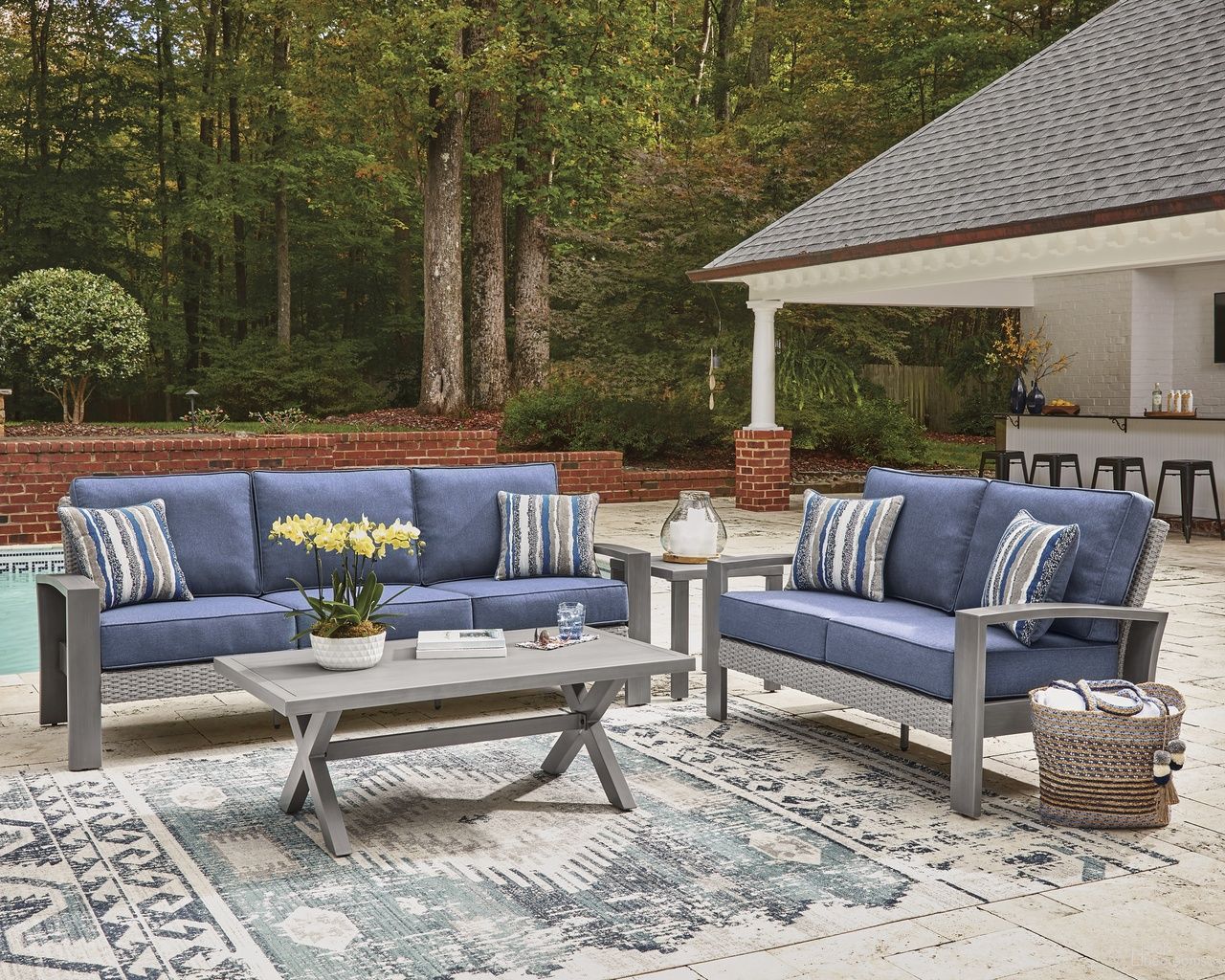 The appearance of Dillon Beach Outdoor Living Room Set with Cushion In Gray and Blue designed by Signature Design by Ashley in the modern / contemporary interior design. This gray/blue piece of furniture was selected by 1StopBedrooms from Dillon Beach Collection to add a touch of cosiness and style into your home. Sku: P418-838;P418-835. Material: Fabric.
