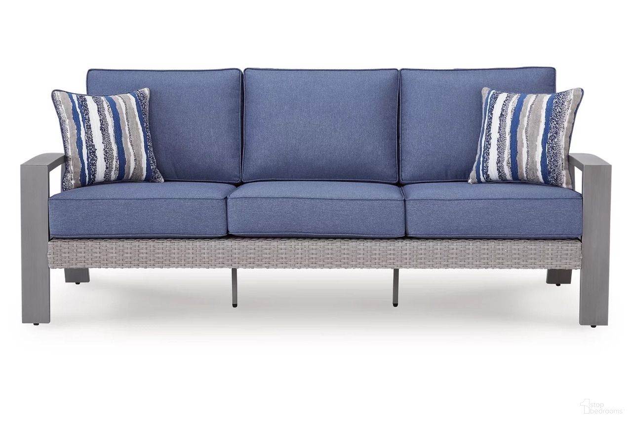 The appearance of Dillon Beach Outdoor Sofa with Cushion In Gray and Blue designed by Signature Design by Ashley in the modern / contemporary interior design. This gray/blue piece of furniture was selected by 1StopBedrooms from Dillon Beach Collection to add a touch of cosiness and style into your home. Sku: P418-838. Material: Fabric.