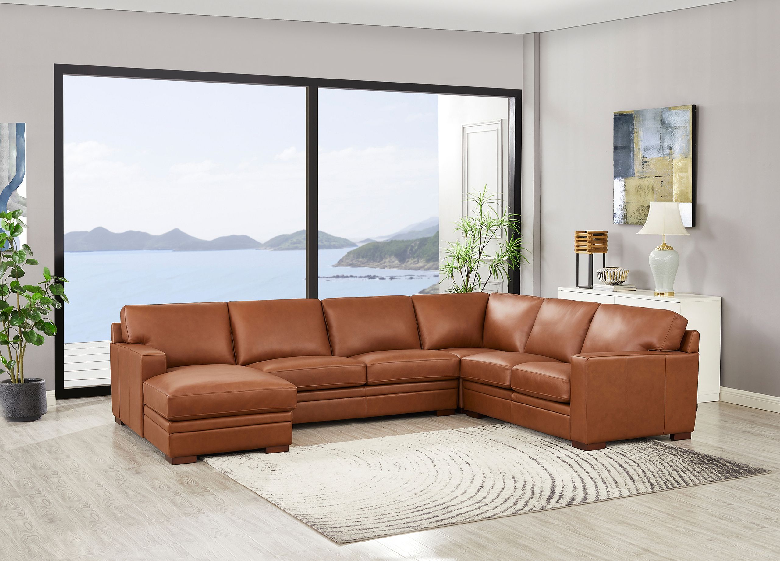 Dillon Leather LAF Chaise Sectional In Nutmeg