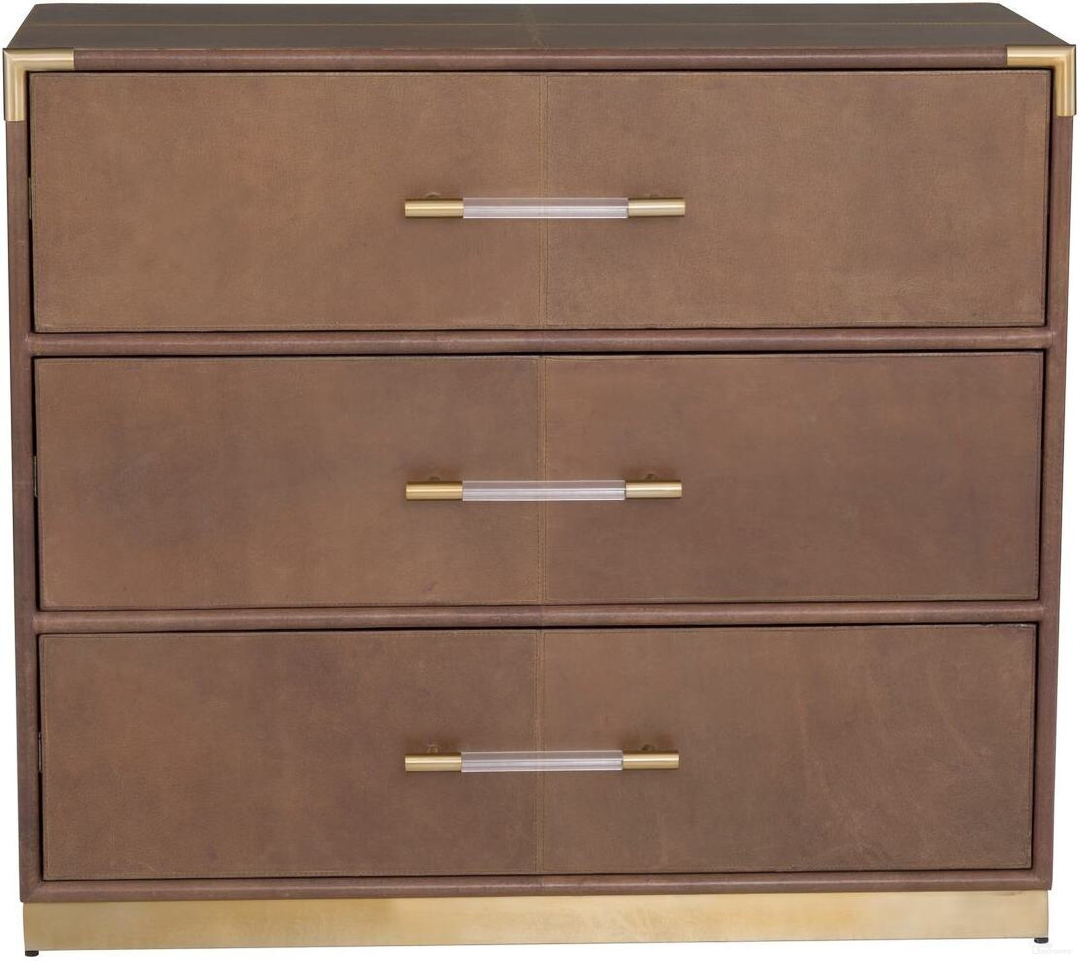 The appearance of Dimitri Three Drawer Chest In Kafe designed by Fairfield Chair in the modern / contemporary interior design. This kafe piece of furniture was selected by 1StopBedrooms from Dimitri Collection to add a touch of cosiness and style into your home. Sku: 8071-CH. Material: Leather.