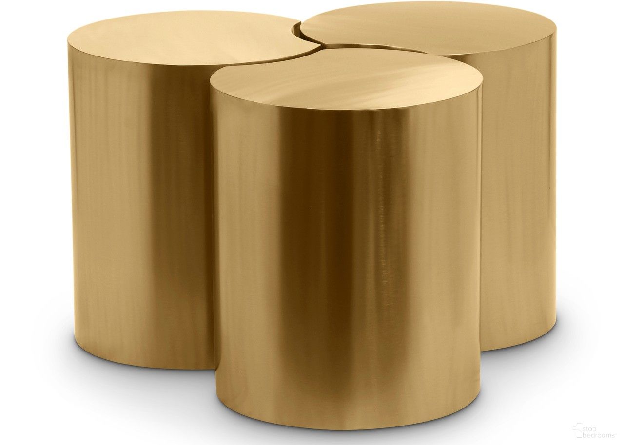 The appearance of Dimple 3 Piece Coffee Table In Gold designed by Meridian in the modern / contemporary interior design. This gold piece of furniture  was selected by 1StopBedrooms from Dimple Collection to add a touch of cosiness and style into your home. Sku: 99081Gold-ET20;99081Gold-ET20;99081Gold-ET20. Material: Iron.