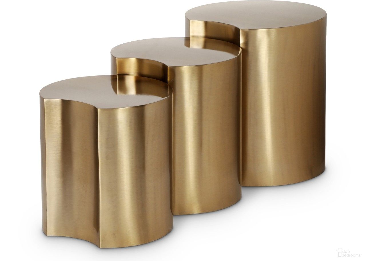 The appearance of Dimple 3 Piece End Table In Gold designed by Meridian in the modern / contemporary interior design. This gold piece of furniture  was selected by 1StopBedrooms from Dimple Collection to add a touch of cosiness and style into your home. Sku: 99081Gold-ET16;99081Gold-ET18;99081Gold-ET20. Material: Iron.
