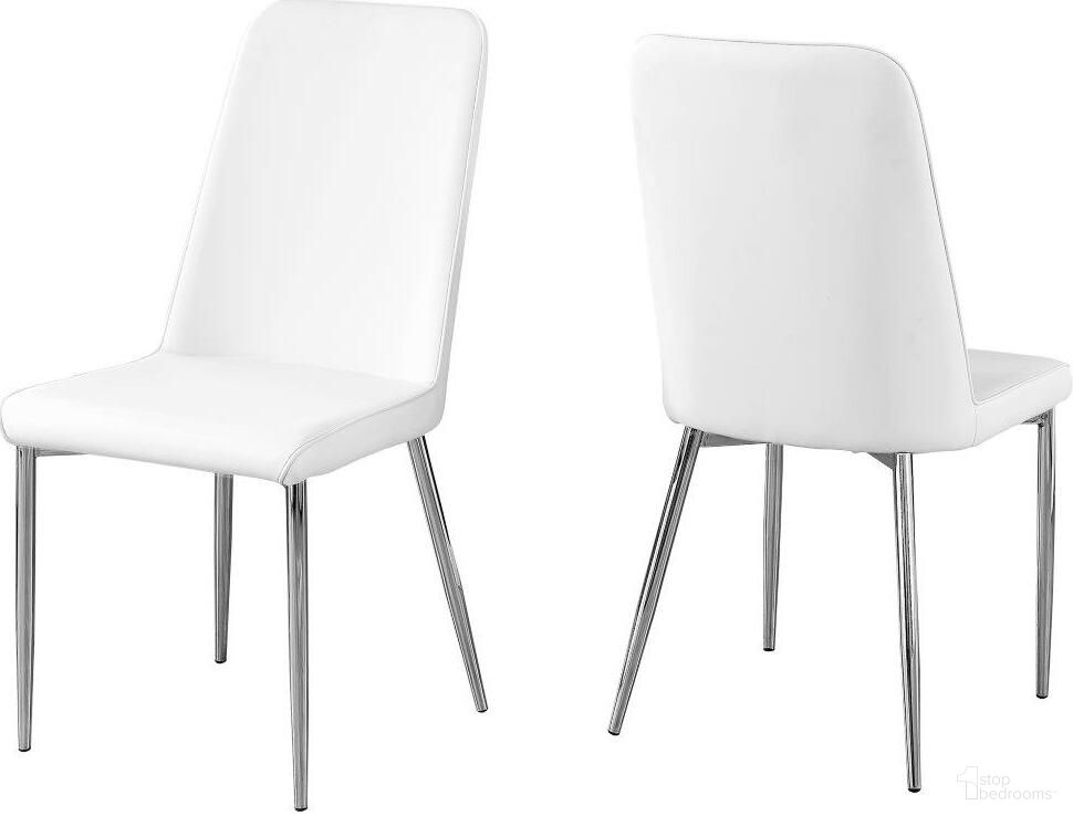The appearance of Dining Chair Set Of 2 In White Leather Look Chrome designed by Monarch Specialties in the modern / contemporary interior design. This white piece of furniture was selected by 1StopBedrooms from to add a touch of cosiness and style into your home. Sku: I 1033. Material: Metal. Chair Type: Side Chair.