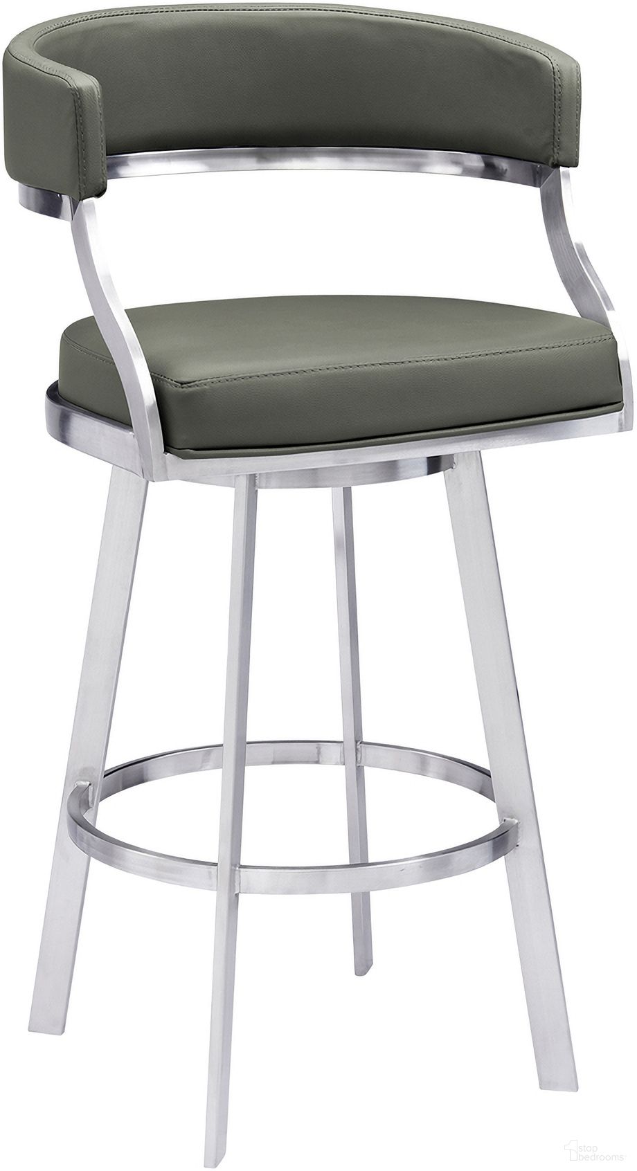 Dione 30 Inch Bar Height Swivel Barstool In Gray Faux Leather and Brushed Stainless Steel