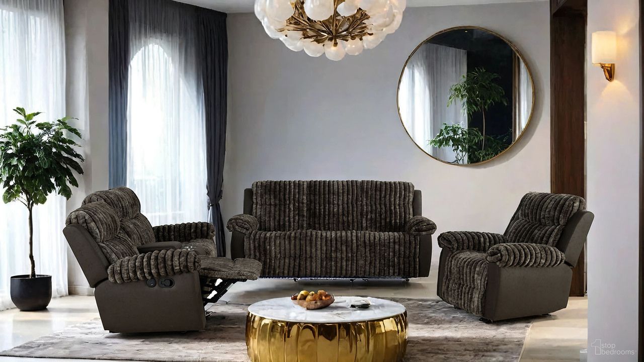 The appearance of Dionysus Manual Reclining Living Room Set In Brown designed by Furniture of America in the transitional interior design. This brown piece of furniture  was selected by 1StopBedrooms from Dionysus Collection to add a touch of cosiness and style into your home. Sku: FM64003BR-SF-M;FM64003BR-LV-M. Material: Engineered Wood.