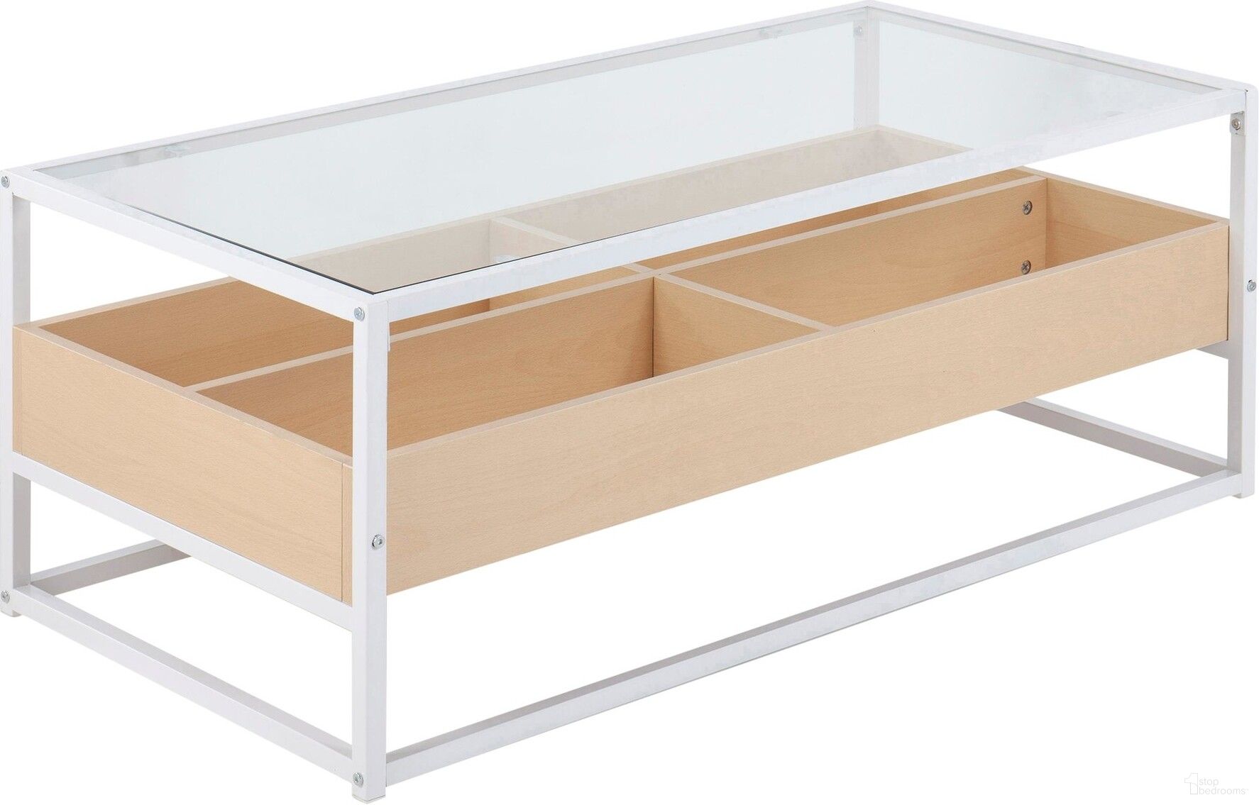 The appearance of Display Coffee Table in White Metal, Natural Wood, and Clear Glass designed by Lumisource in the modern / contemporary interior design. This natural piece of furniture was selected by 1StopBedrooms from Display Collection to add a touch of cosiness and style into your home. Sku: CT-DISPLAY WNA. Material: Wood.