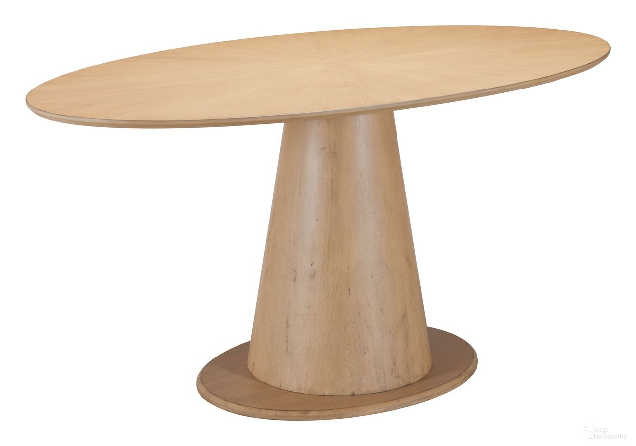 The appearance of Disque Dining Table In Natural designed by Zuo Modern in the modern / contemporary interior design. This natural piece of furniture  was selected by 1StopBedrooms from Disque Collection to add a touch of cosiness and style into your home. Sku: 110507. Table Base Style: Pedestal. Table Top Shape: Oval. Material: Rubberwood. Size: 39" x 71".