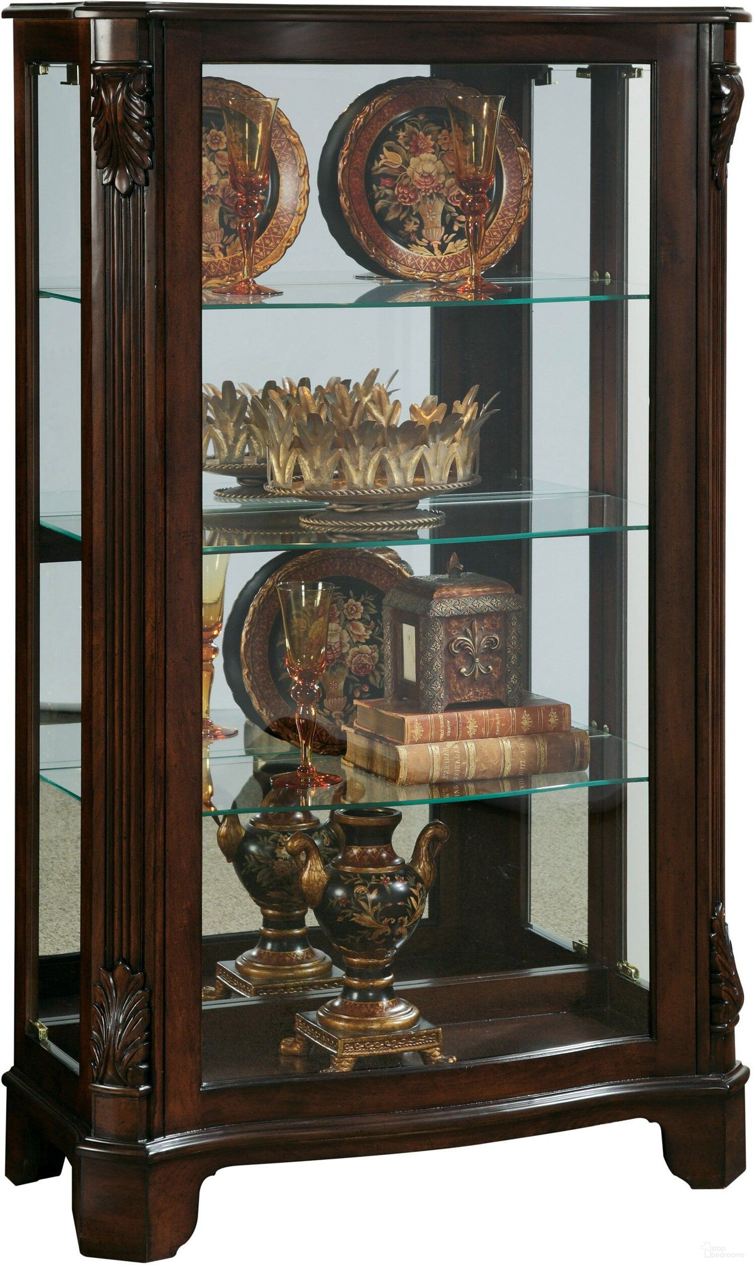 The appearance of Distinguished Carved 3 Shelf Curio Cabinet In Cherry Brown designed by Pulaski in the traditional interior design. This brown piece of furniture  was selected by 1StopBedrooms from Curios Collection to add a touch of cosiness and style into your home. Sku: 21429. Material: Wood.