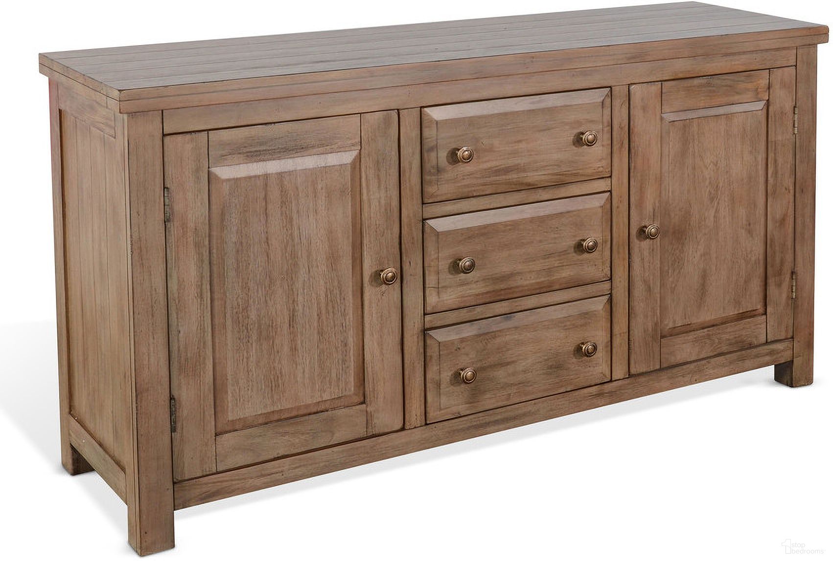 The appearance of Doe Valley 66 Inch Buffet Cabinet In Natural designed by Sunny Designs in the rustic / southwestern interior design. This buckskin piece of furniture was selected by 1StopBedrooms from Doe Valley Collection to add a touch of cosiness and style into your home. Sku: 2428BU-B. Material: Solid Wood.