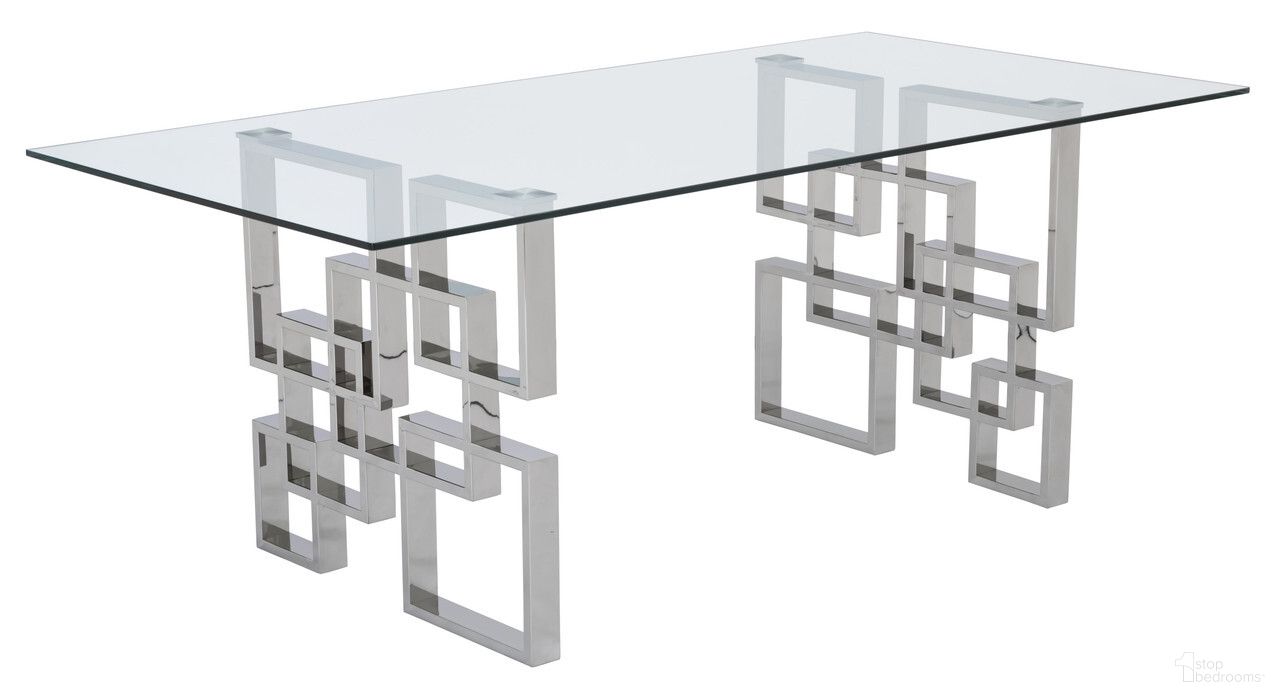 The appearance of Dominga Rectangular Dining Table In Clear Glass and Silver Geometric Stainless Steel Base designed by Best Quality Furniture in the modern / contemporary interior design. This silver and glass piece of furniture  was selected by 1StopBedrooms from Dominga Collection to add a touch of cosiness and style into your home. Sku: D221-DTT;D221-DTB. Table Base Style: Double Pedestal. Material: Glass. Table Top Shape: Rectangular. Size: 40" x 79".