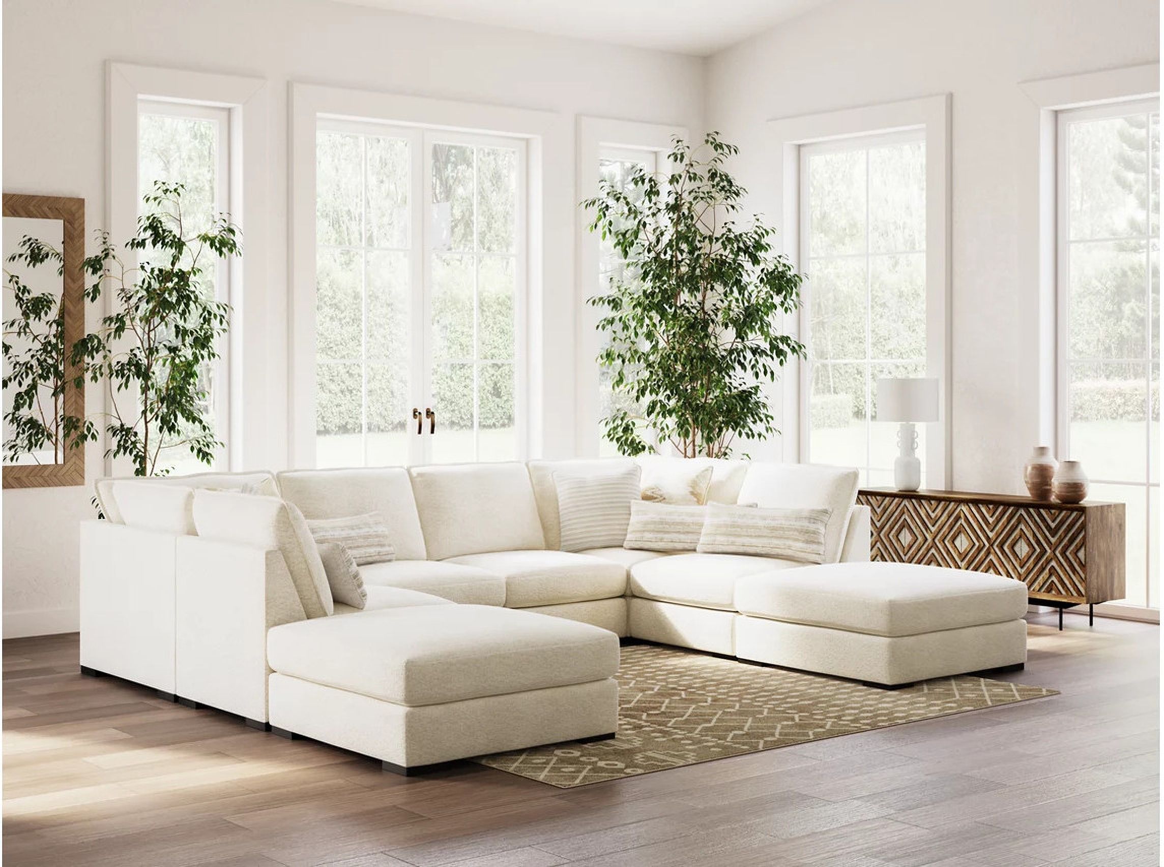 The appearance of Donelson Creek 6-Piece Sectional and Ottoman In Vanilla designed by Signature Design by Ashley in the modern / contemporary interior design. This vanilla piece of furniture was selected by 1StopBedrooms from Donelson Collection to add a touch of cosiness and style into your home. Sku: 4800251;4800251;4800246;4800246;4800246;4800246;4800208;4800208. Material: Fabric.