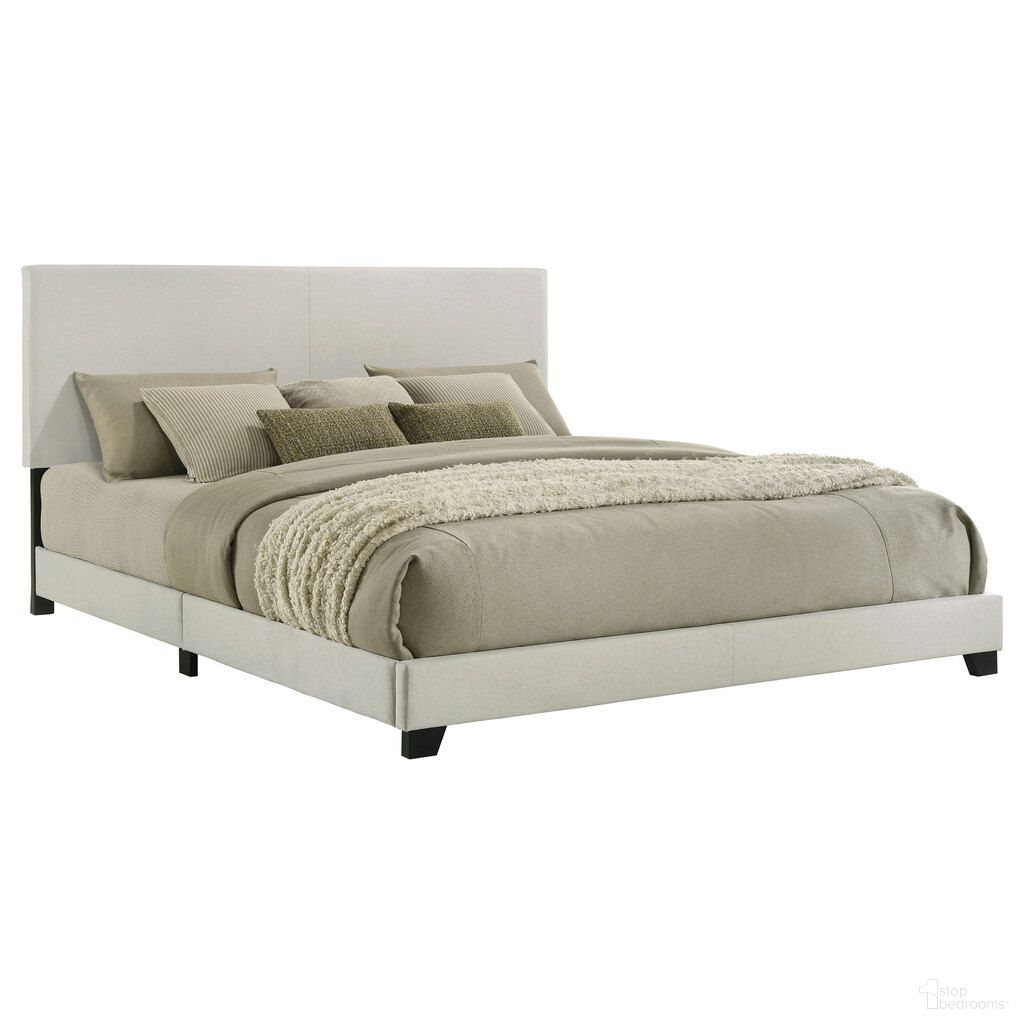 The appearance of Dorian Fabric Upholstered California King Panel Bed In Cream designed by Coaster in the transitional interior design. This cream piece of furniture was selected by 1StopBedrooms from Dorian Collection to add a touch of cosiness and style into your home. Sku: 300852KW. Bed Type: Panel Bed. Bed Size: California King. Material: Hardwood.