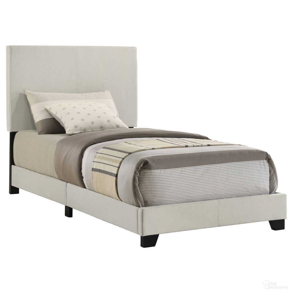 The appearance of Dorian Fabric Upholstered Twin Panel Bed In Cream designed by Coaster in the transitional interior design. This cream piece of furniture  was selected by 1StopBedrooms from Dorian Collection to add a touch of cosiness and style into your home. Sku: 300852T. Bed Type: Panel Bed. Bed Size: Twin. Material: Hardwood.