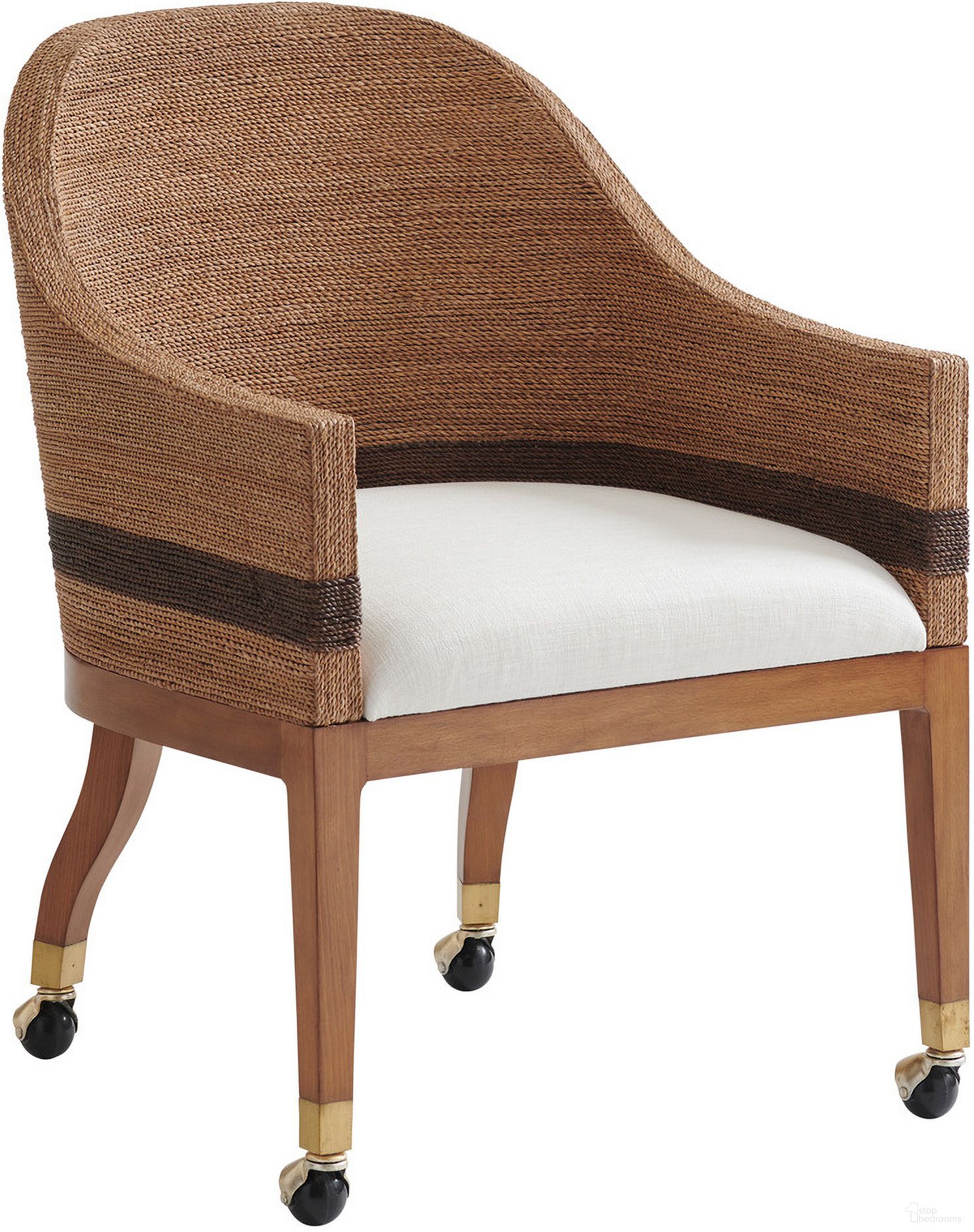 The appearance of Palm Desert Dorian Woven Arm Chair with Casters In White designed by Tommy Bahama in the modern / contemporary interior design. This white piece of furniture was selected by 1StopBedrooms from Palm Desert Collection to add a touch of cosiness and style into your home. Sku: 575-887-01. Material: Wood.