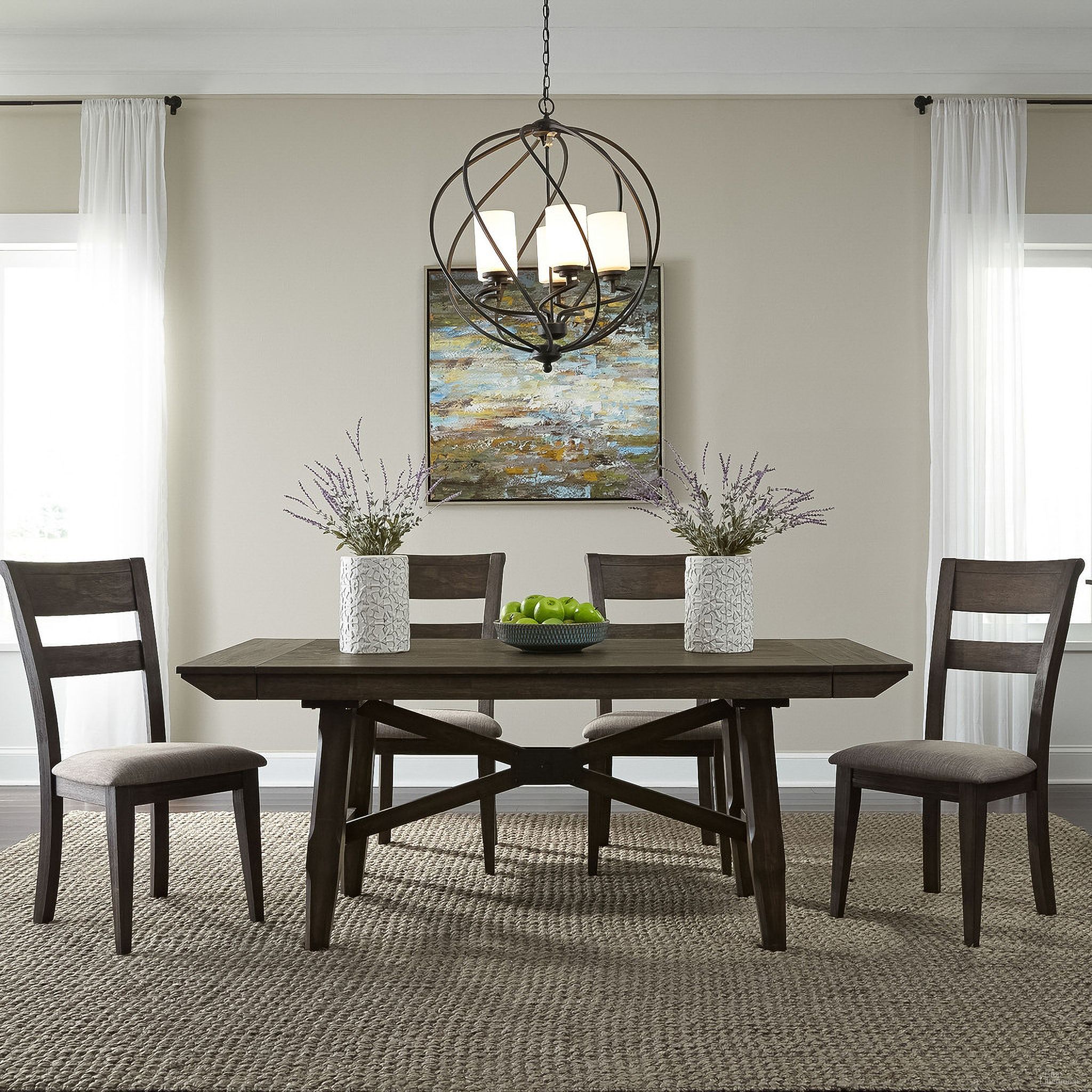 The appearance of Double Bridge Dark Chestnut Trestle Dining Table Set designed by Liberty in the transitional interior design. This brown piece of furniture was selected by 1StopBedrooms from Bridge Collection to add a touch of cosiness and style into your home. Sku: 152-C2501S;152-C2501S;152-C2501S;152-C2501S;152-P3696;152-T3696. Table Base Style: Trestle. Material: Wood. Table Top Shape: Rectangular. Size: 56".