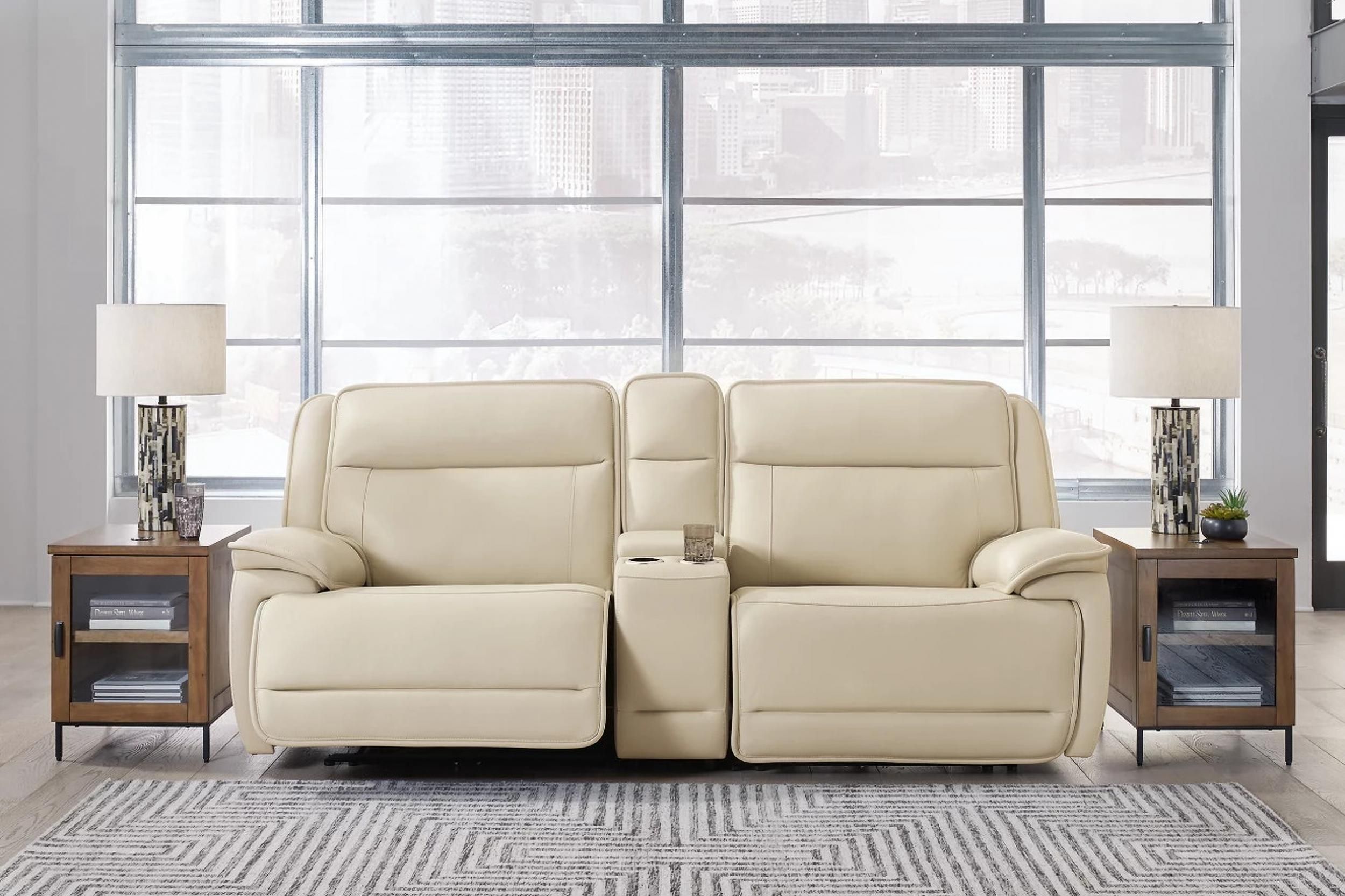 The appearance of Double Deal 2-Piece Power Reclining Loveseat Sectional with Console In Almond designed by Signature Design by Ashley in the modern / contemporary interior design. This almond piece of furniture was selected by 1StopBedrooms from Double Deal Collection to add a touch of cosiness and style into your home. Sku: U1300158;U1300157;U1300162. Material: Genuine Leather.