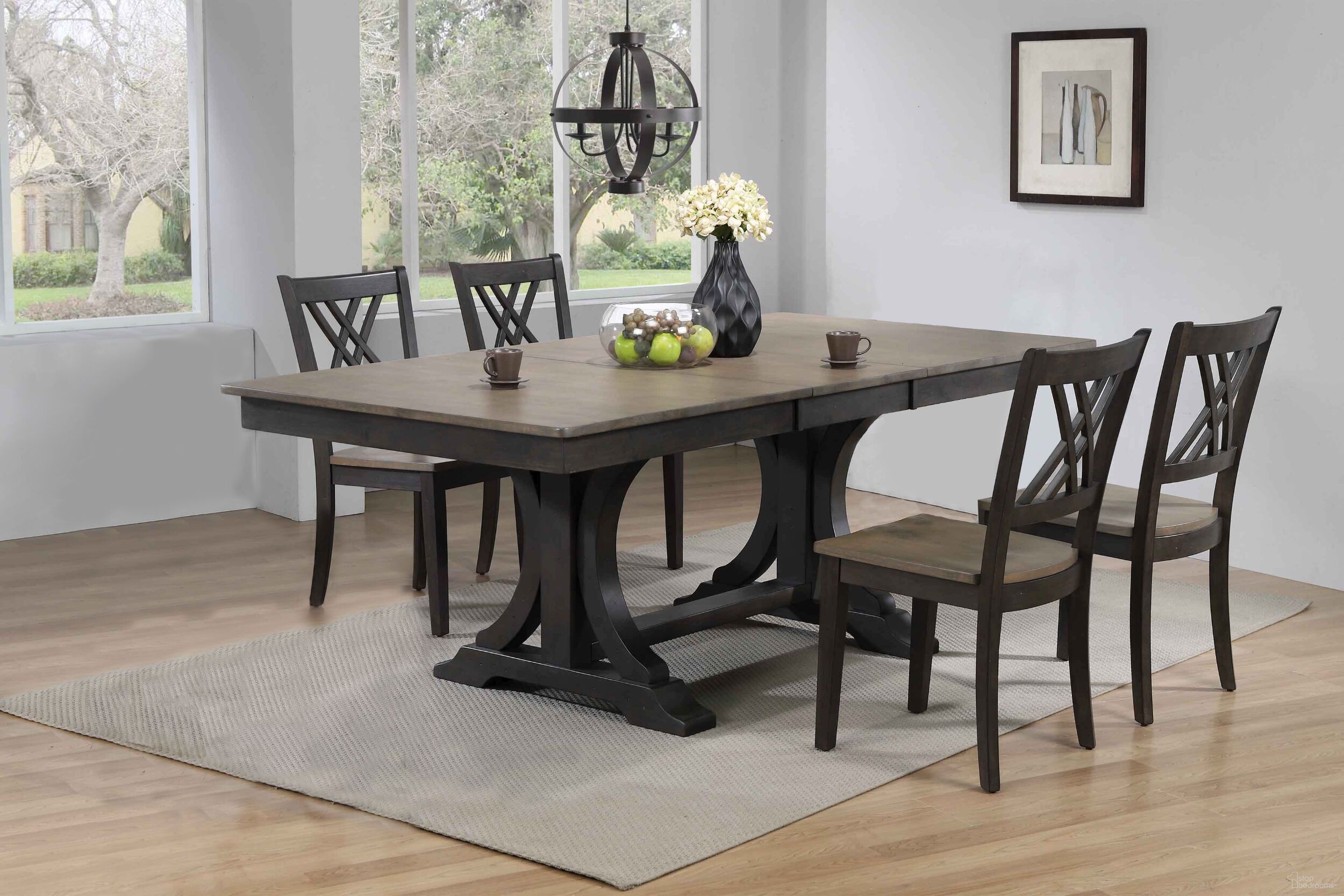 The appearance of Double Pedestal Deco Double X-Back 5-Piece Dining Set In Grey Stone and Black Stone designed by Iconic Furniture in the rustic / southwestern interior design. This grey stone and black stone piece of furniture was selected by 1StopBedrooms from Double Deco Collection to add a touch of cosiness and style into your home. Sku: RT82DECOCH56GRSBKS-5PC. Table Base Style: Double Pedestal. Table Top Shape: Rectangular. Material: Rubberwood.