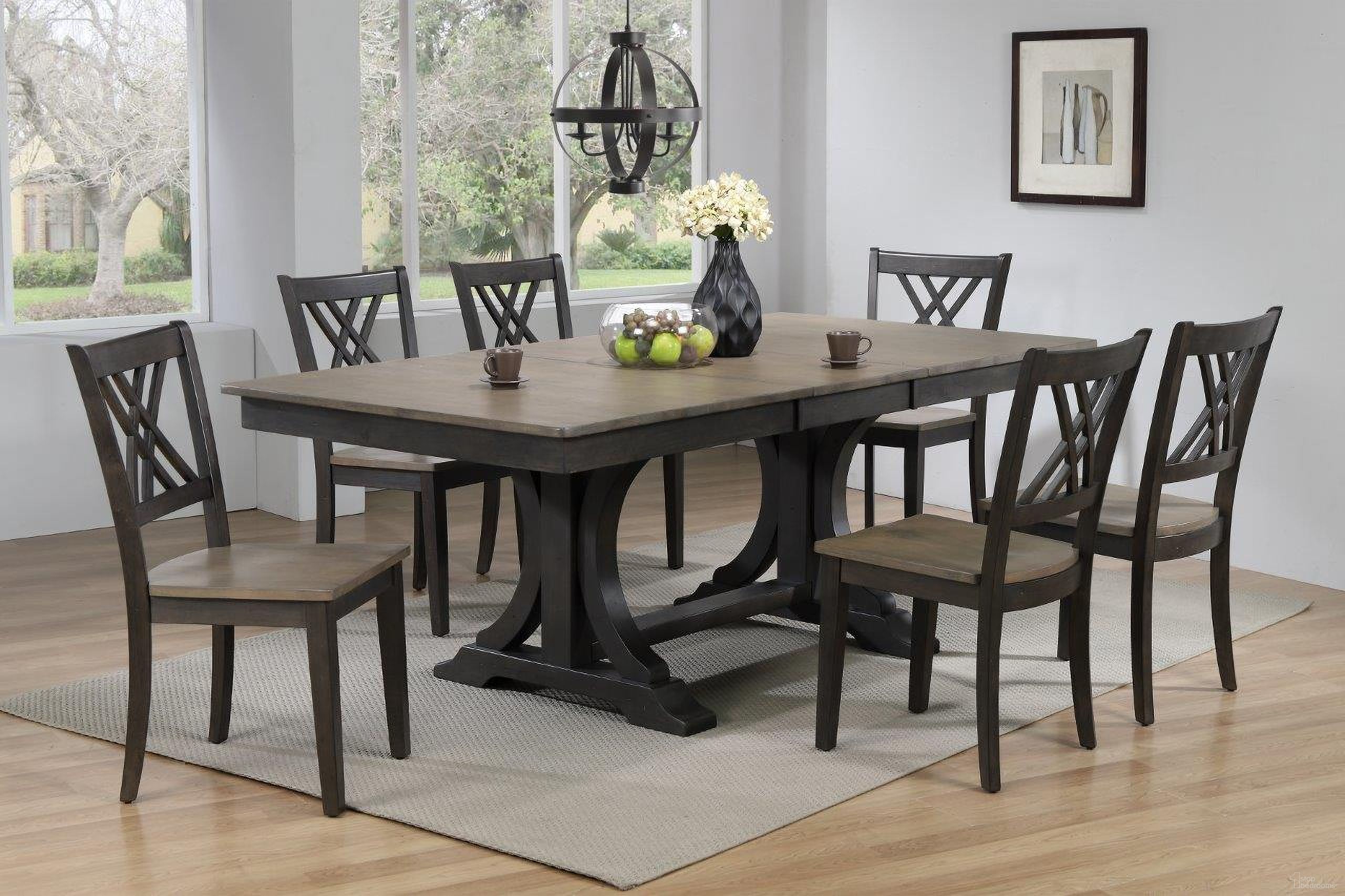 The appearance of Double Pedestal Deco Double X-Back 7-Piece Dining Set In Grey Stone and Black Stone designed by Iconic Furniture in the rustic / southwestern interior design. This grey stone and black stone piece of furniture  was selected by 1StopBedrooms from Double Deco Collection to add a touch of cosiness and style into your home. Sku: RT82DECOCH56GRSBKS-7PC. Table Base Style: Double Pedestal. Table Top Shape: Rectangular. Material: Rubberwood.