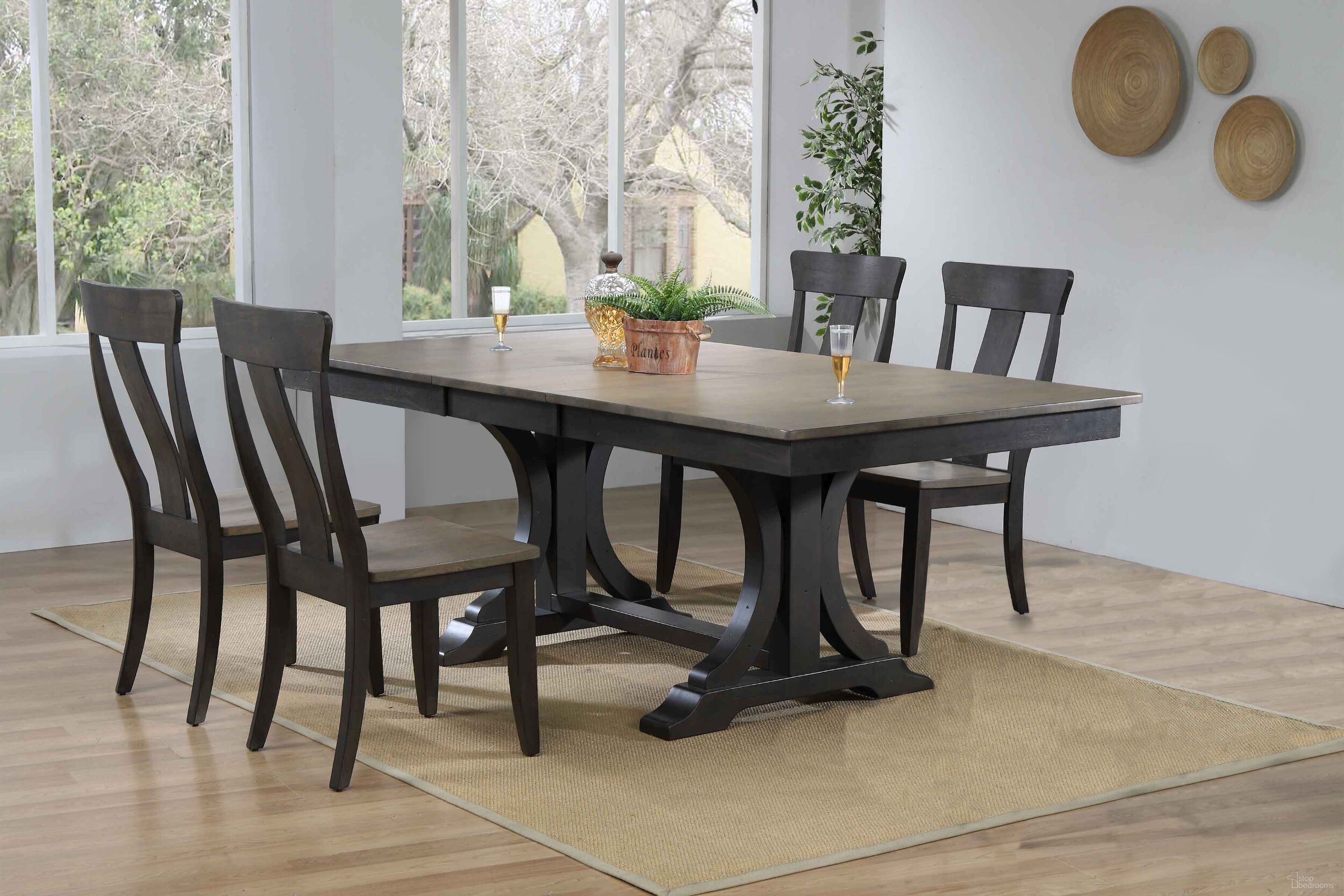 The appearance of Double Pedestal Deco Panel Back 5-Piece Dining Set In Grey Stone and Black Stone designed by Iconic Furniture in the rustic / southwestern interior design. This grey stone and black stone piece of furniture  was selected by 1StopBedrooms from Double Deco Collection to add a touch of cosiness and style into your home. Sku: RT82DECOCH57GRSBKS-5PC. Table Base Style: Double Pedestal. Table Top Shape: Rectangular. Material: Rubberwood.