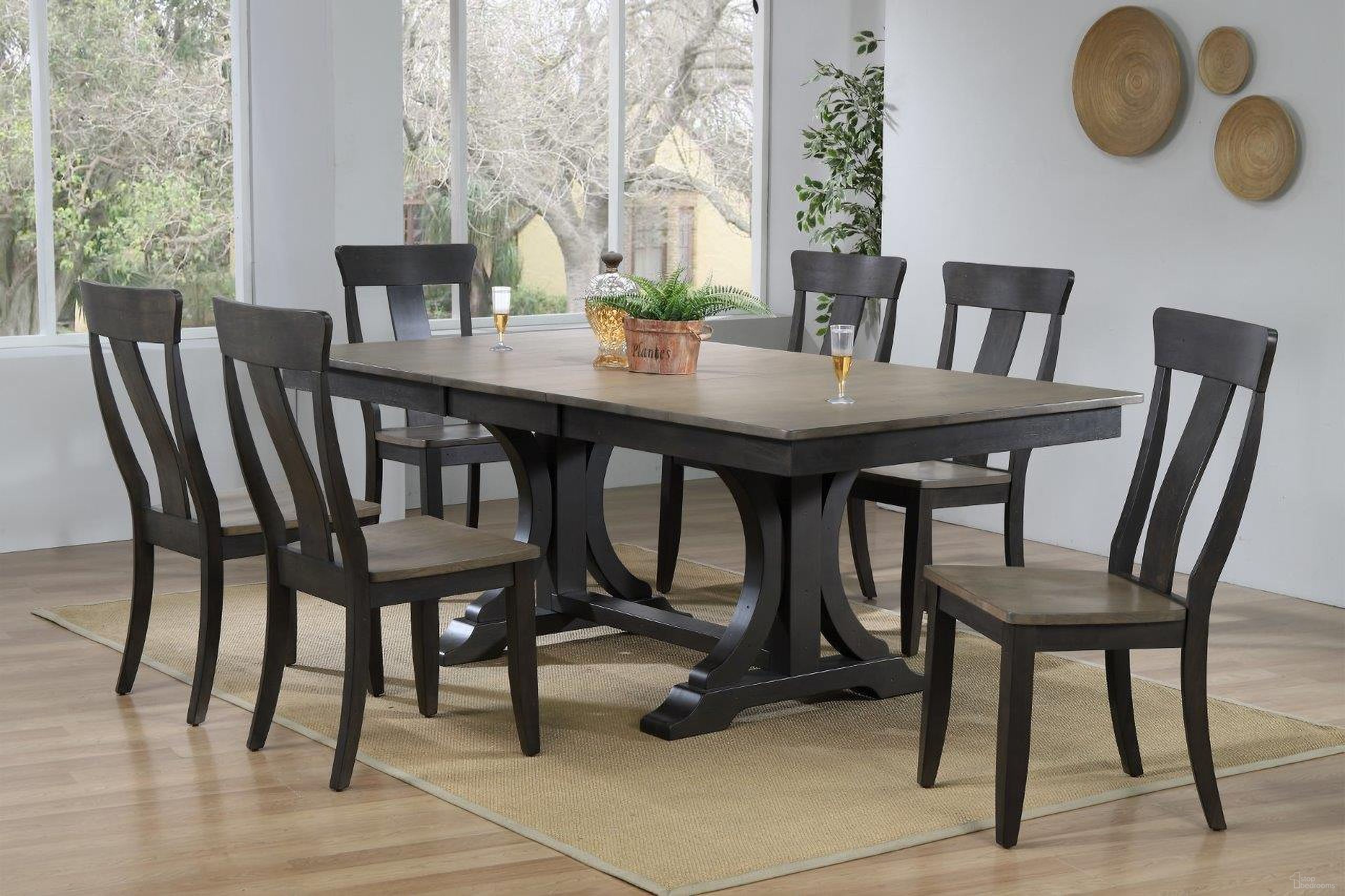 The appearance of Double Pedestal Deco Panel Back 7-Piece Dining Set In Grey Stone and Black Stone designed by Iconic Furniture in the rustic / southwestern interior design. This grey stone and black stone piece of furniture  was selected by 1StopBedrooms from Double Deco Collection to add a touch of cosiness and style into your home. Sku: RT82DECOCH57GRSBKS-7PC. Table Base Style: Double Pedestal. Table Top Shape: Rectangular. Material: Rubberwood.