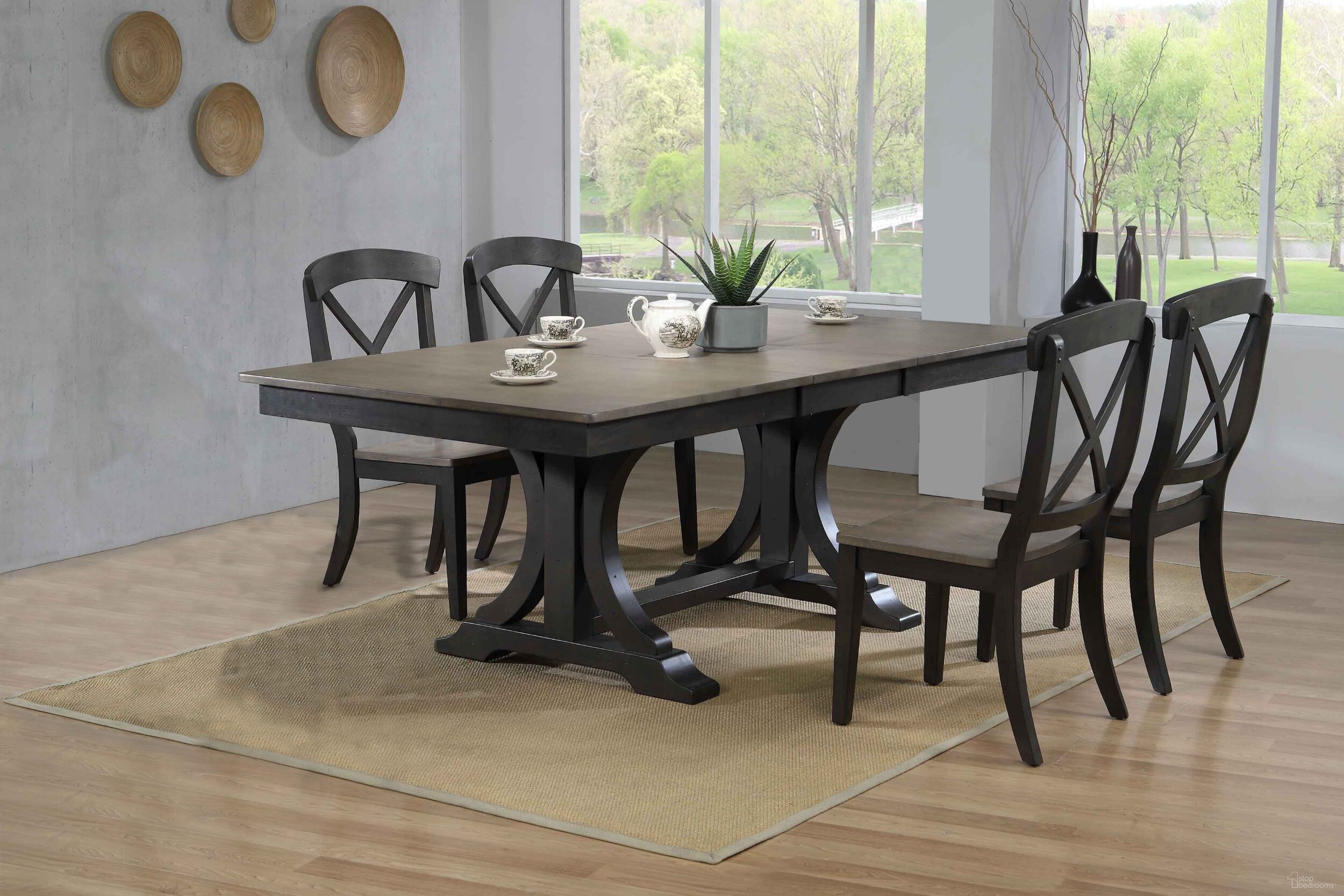 The appearance of Double Pedestal Deco Transitional X-Back 5-Piece Dining Set In Grey Stone and Black Stone designed by Iconic Furniture in the rustic / southwestern interior design. This grey stone and black stone piece of furniture was selected by 1StopBedrooms from Double Deco Collection to add a touch of cosiness and style into your home. Sku: RT82DECOCH60GRSBKS-5PC. Table Base Style: Double Pedestal. Table Top Shape: Rectangular. Material: Rubberwood.