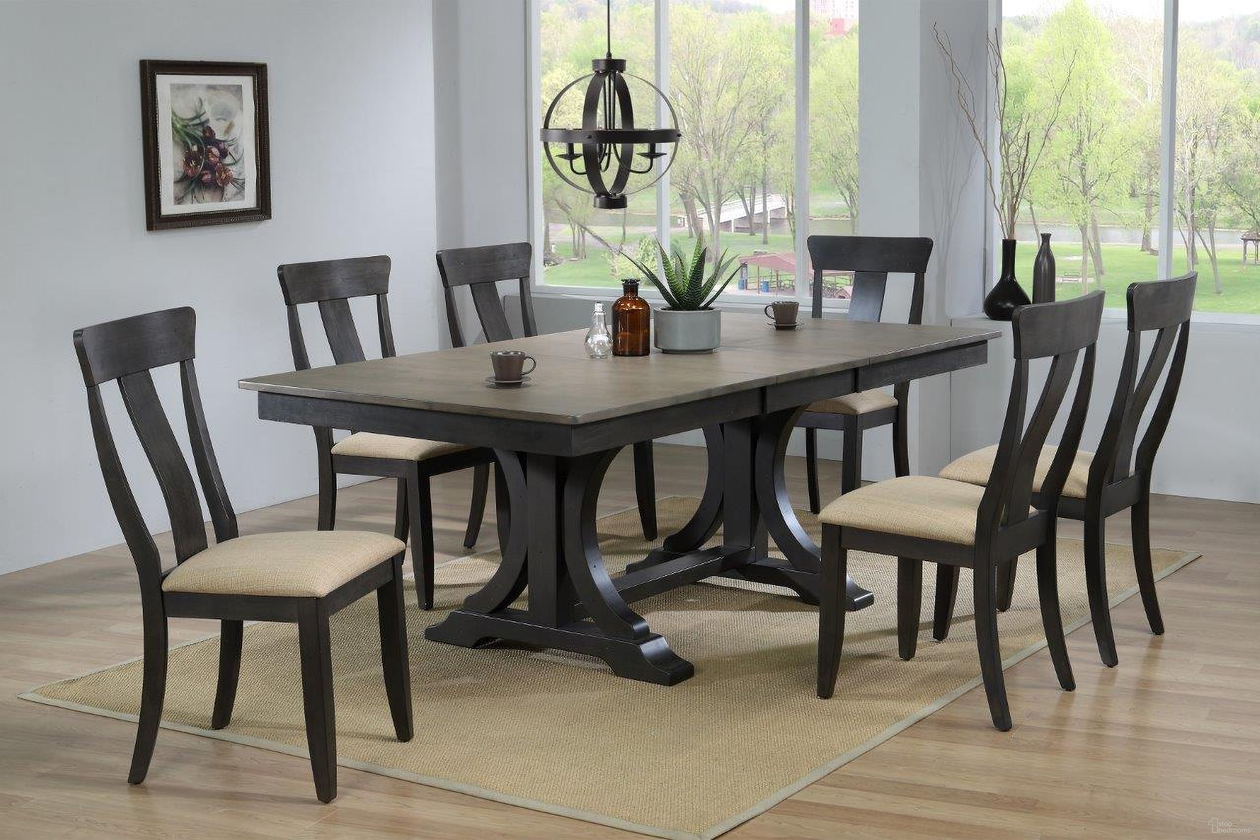 The appearance of Double Pedestal Deco Upholstered Panel Back 7-Piece Dining Set In Grey Stone and Black Stone designed by Iconic Furniture in the rustic / southwestern interior design. This grey stone and black stone piece of furniture was selected by 1StopBedrooms from Double Deco Collection to add a touch of cosiness and style into your home. Sku: RT82DECOCH57U97BKS-7PC. Table Base Style: Double Pedestal. Table Top Shape: Rectangular. Material: Rubberwood.