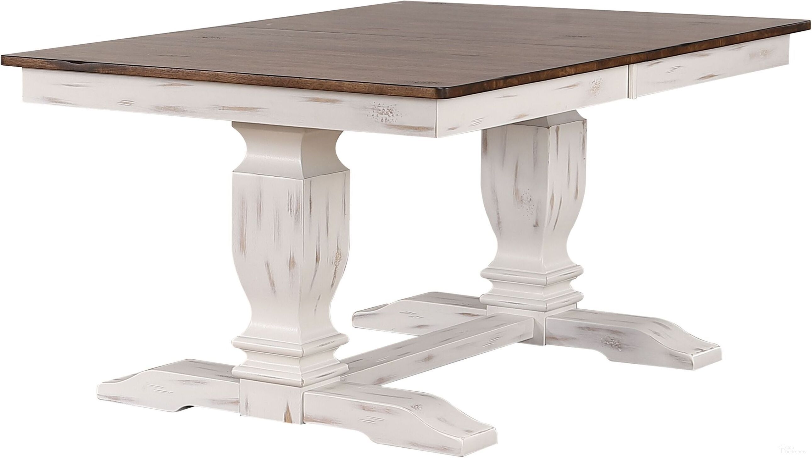 The appearance of Trestle Transitional Dining Table In Cocoa Brown and Cotton White designed by Iconic Furniture in the rustic / southwestern interior design. This cocoa brown and cotton white piece of furniture was selected by 1StopBedrooms from TR Collection to add a touch of cosiness and style into your home. Sku: RT82TRDBNDWT. Table Base Style: Trestle. Table Top Shape: Rectangular. Material: Rubberwood. Size: 82" x 42".