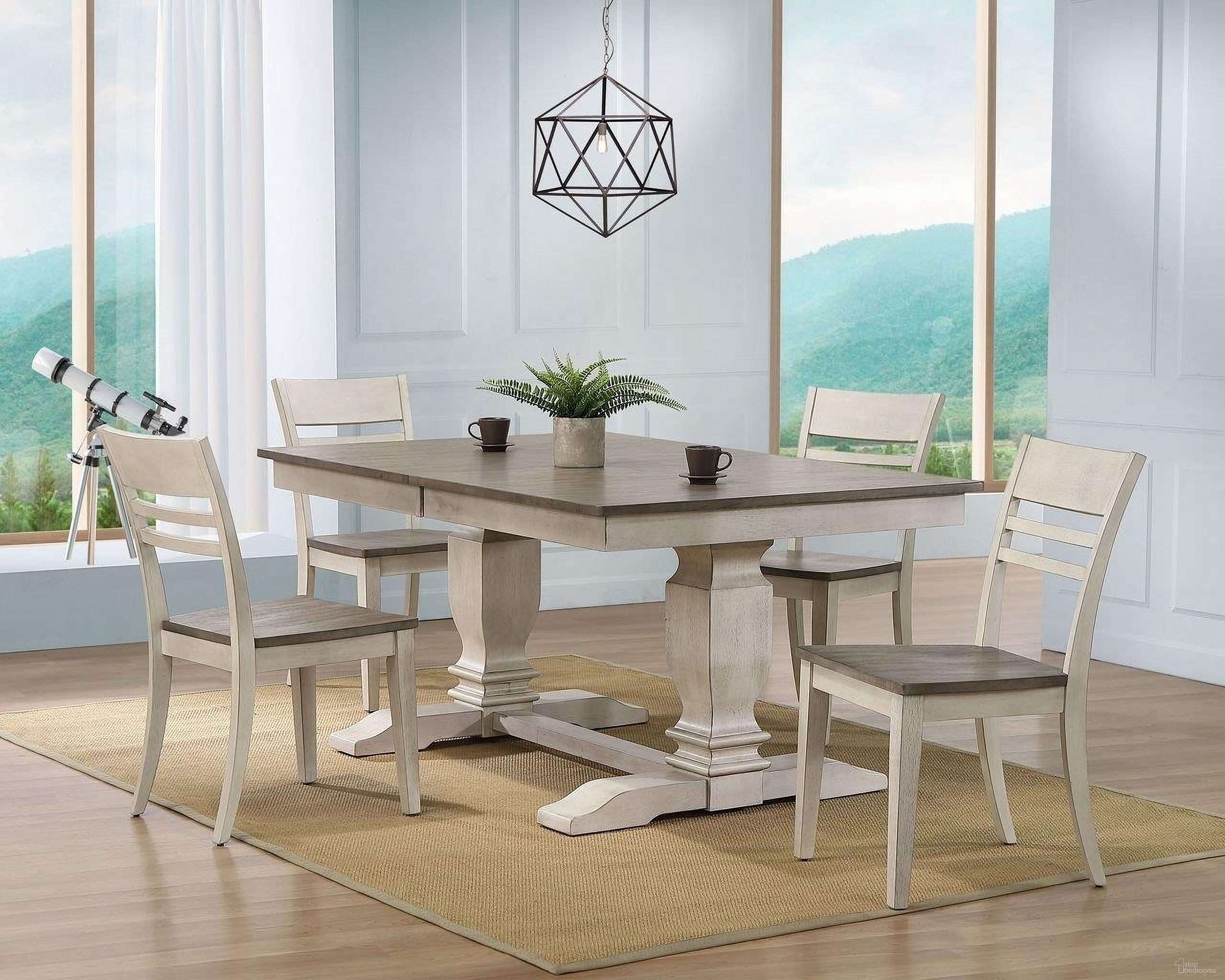 The appearance of Double Pedestal Transitional Ladder Back 5- Piece Dining Set In Ash and Stormy White designed by Iconic Furniture in the rustic / southwestern interior design. This ash and stormy white piece of furniture  was selected by 1StopBedrooms from TR Collection to add a touch of cosiness and style into your home. Sku: RT82TRCH63ASHSTW-5PC. Table Base Style: Double Pedestal. Table Top Shape: Rectangular. Material: Rubberwood.