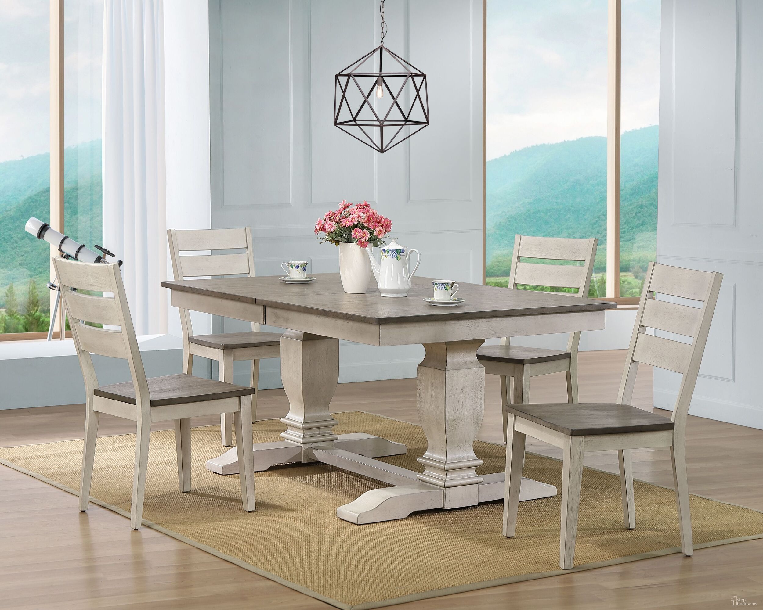 The appearance of Double Pedestal Transitional Ladder Back 5- Piece Dining Set In Ash and Stormy White designed by Iconic Furniture in the rustic / southwestern interior design. This ash and stormy white piece of furniture  was selected by 1StopBedrooms from TR Collection to add a touch of cosiness and style into your home. Sku: RT82TRCH64ASHSTW-5PC. Table Base Style: Double Pedestal. Table Top Shape: Rectangular. Material: Rubberwood.