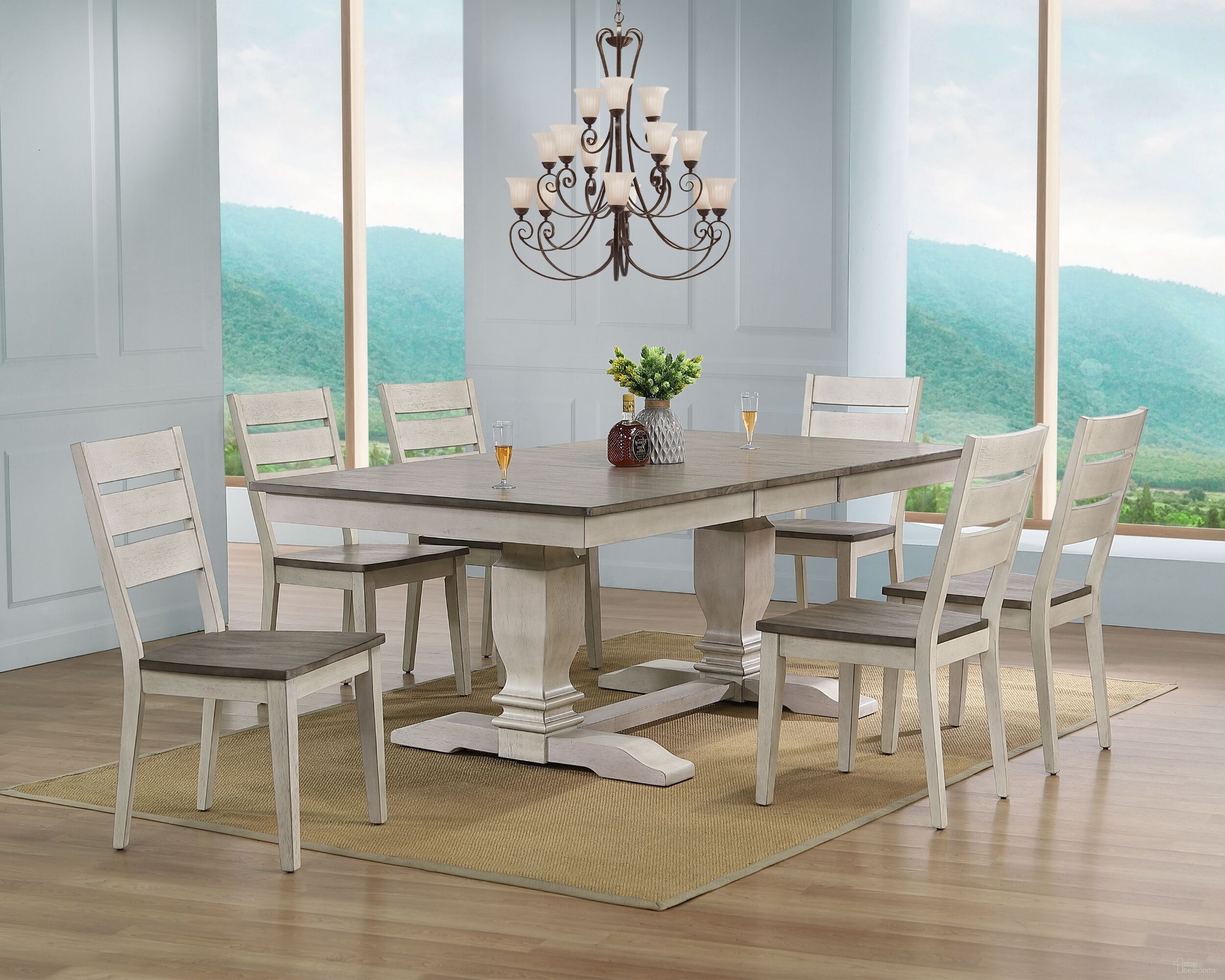 The appearance of Double Pedestal Transitional Ladder Back 7-Piece Dining Set In Ash and Stormy White designed by Iconic Furniture in the rustic / southwestern interior design. This ash and stormy white piece of furniture was selected by 1StopBedrooms from TR Collection to add a touch of cosiness and style into your home. Sku: RT82TRCH64ASHSTW-7PC. Table Base Style: Double Pedestal. Table Top Shape: Rectangular. Material: Rubberwood.
