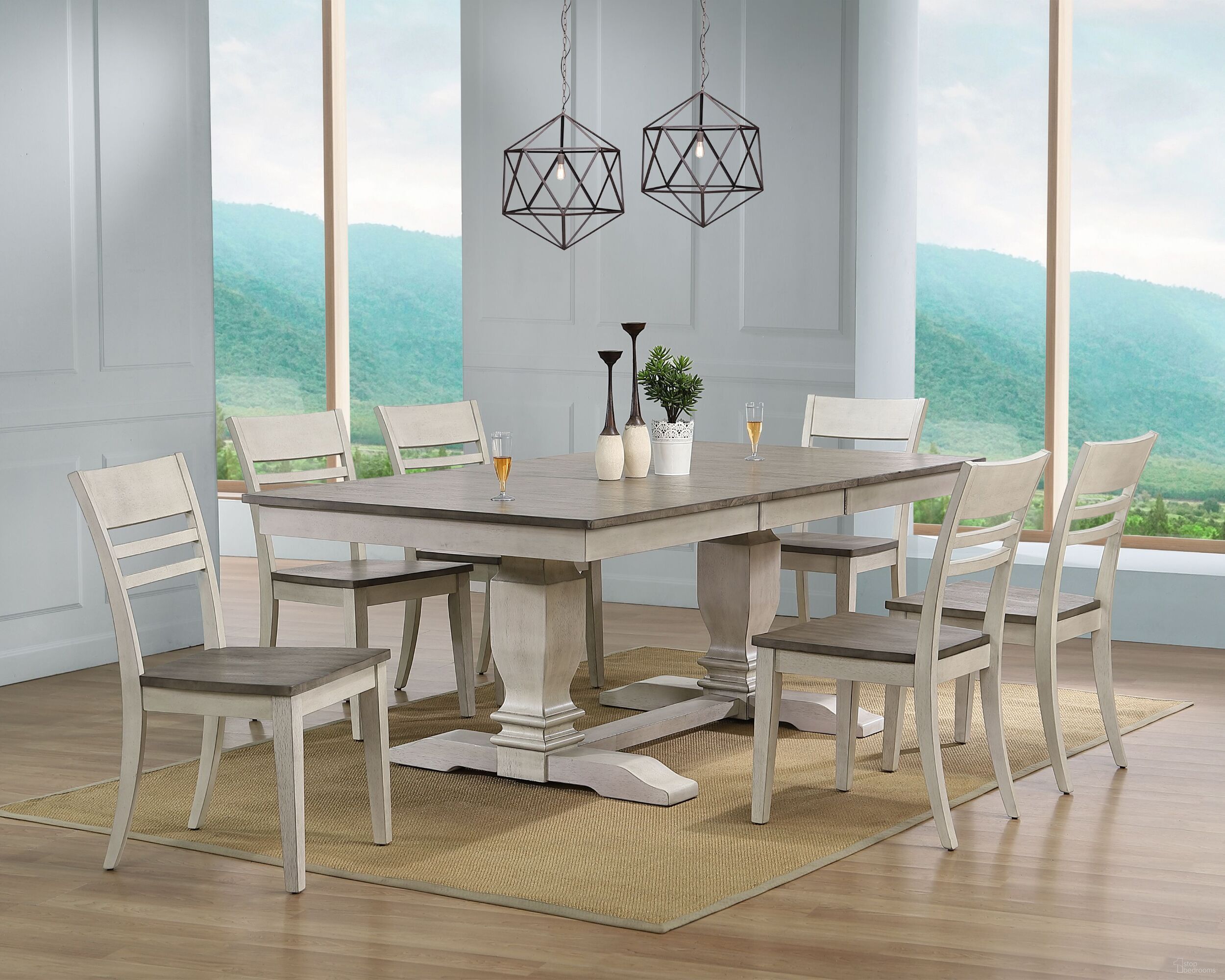 The appearance of Double Pedestal Transitional Ladder Back 7-Piece Set In Ash and Stormy White designed by Iconic Furniture in the rustic / southwestern interior design. This ash and stormy white piece of furniture was selected by 1StopBedrooms from TR Collection to add a touch of cosiness and style into your home. Sku: RT82TRCH63ASHSTW-7PC. Table Base Style: Double Pedestal. Table Top Shape: Rectangular. Material: Rubberwood.