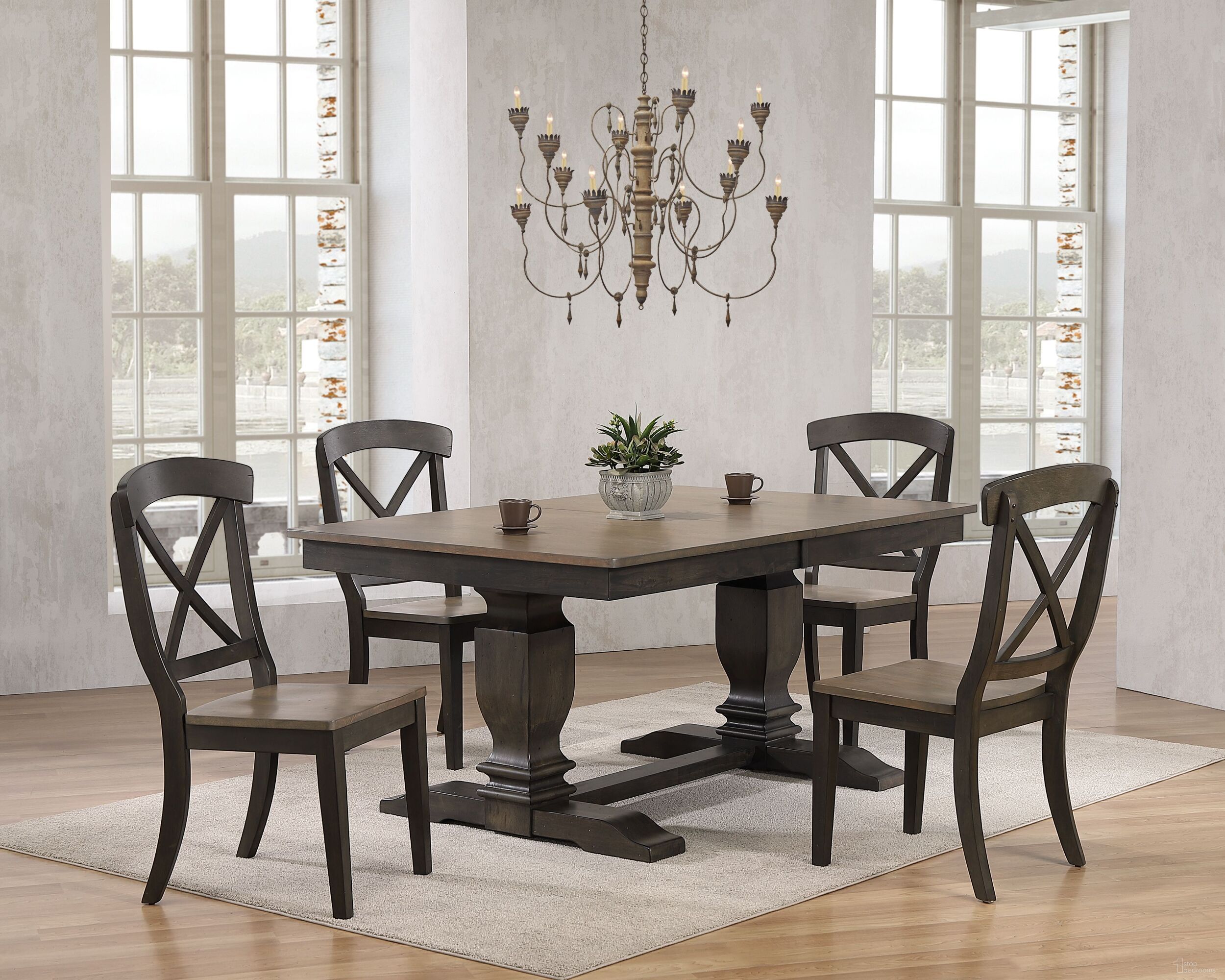 The appearance of Double Pedestal Transitional X-Back 5-Piece Dining Set In Grey Stone and Black Stone designed by Iconic Furniture in the rustic / southwestern interior design. This grey stone and black stone piece of furniture was selected by 1StopBedrooms from TR Collection to add a touch of cosiness and style into your home. Sku: RT82CH60GRSBKS-7PC. Table Base Style: Double Pedestal. Table Top Shape: Rectangular. Material: Rubberwood.
