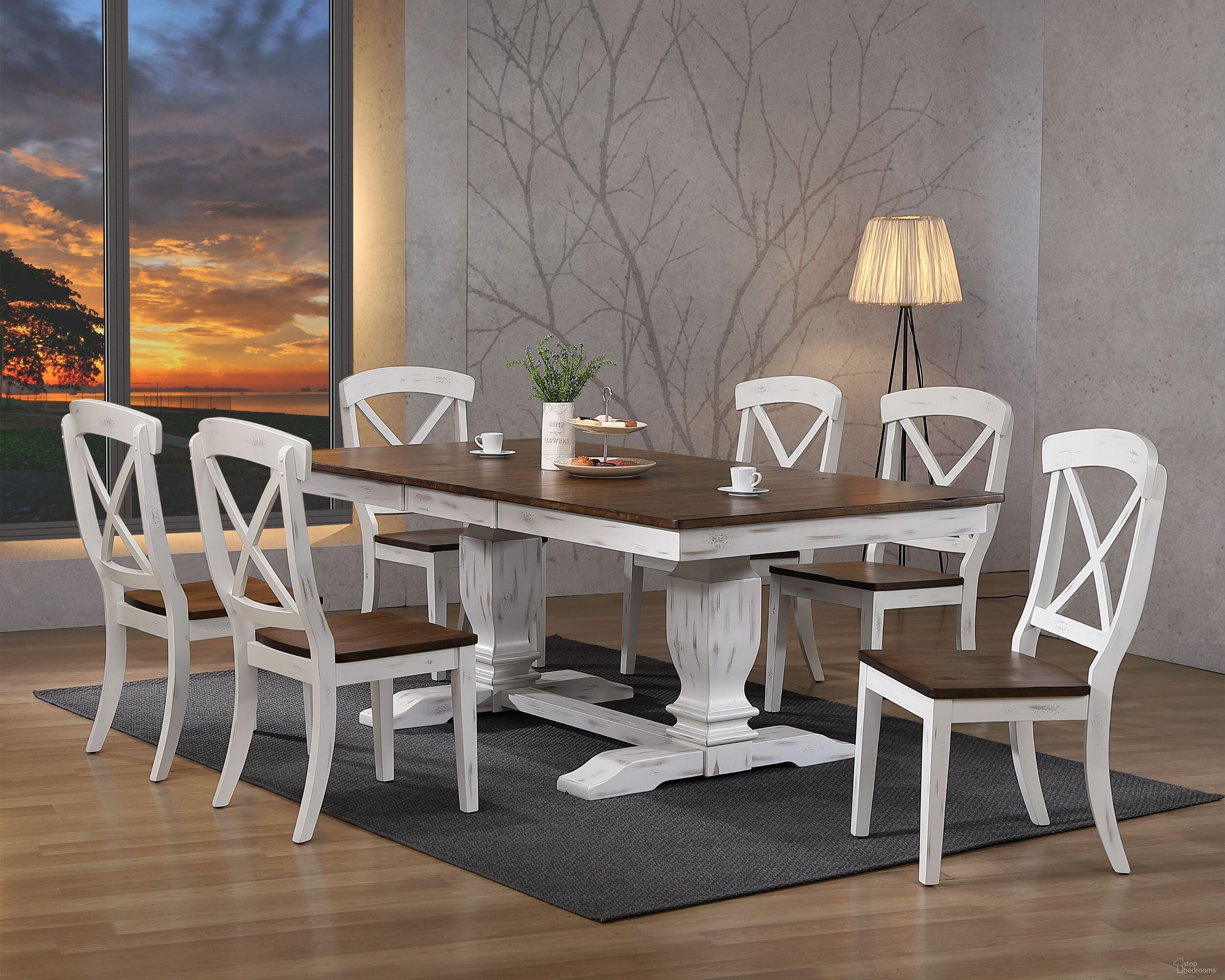 The appearance of Double Pedestal Transitional X-Back 7-Piece Dining Set In Cocoa Brown and Cotton White designed by Iconic Furniture in the rustic / southwestern interior design. This cocoa brown and cotton white piece of furniture  was selected by 1StopBedrooms from TR Collection to add a touch of cosiness and style into your home. Sku: RT82TRCH60DBNDWT-7PC. Table Base Style: Double Pedestal. Table Top Shape: Rectangular. Material: Rubberwood.