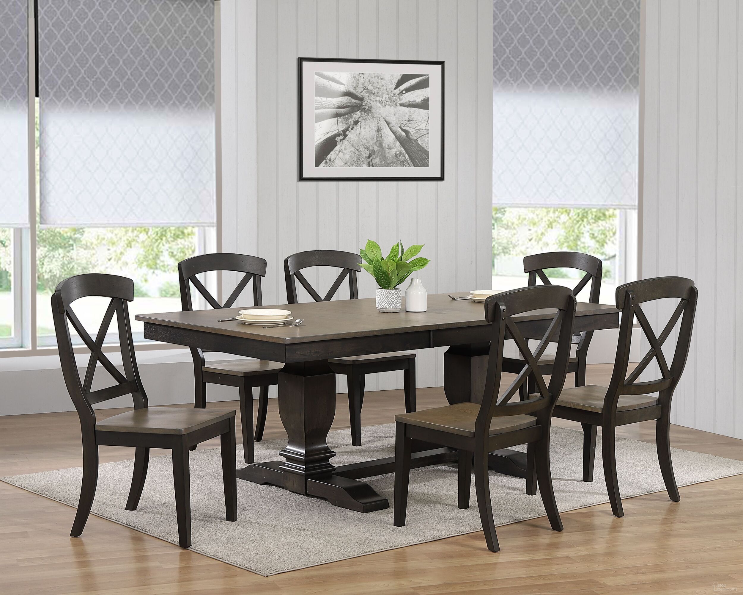 The appearance of Double Pedestal Transitional X-Back 7-Piece Dining Set In Grey Stone and Black Stone designed by Iconic Furniture in the rustic / southwestern interior design. This grey stone and black stone piece of furniture  was selected by 1StopBedrooms from TR Collection to add a touch of cosiness and style into your home. Sku: RT82CH60GRSBKS-5PC. Table Base Style: Double Pedestal. Table Top Shape: Rectangular. Material: Rubberwood.