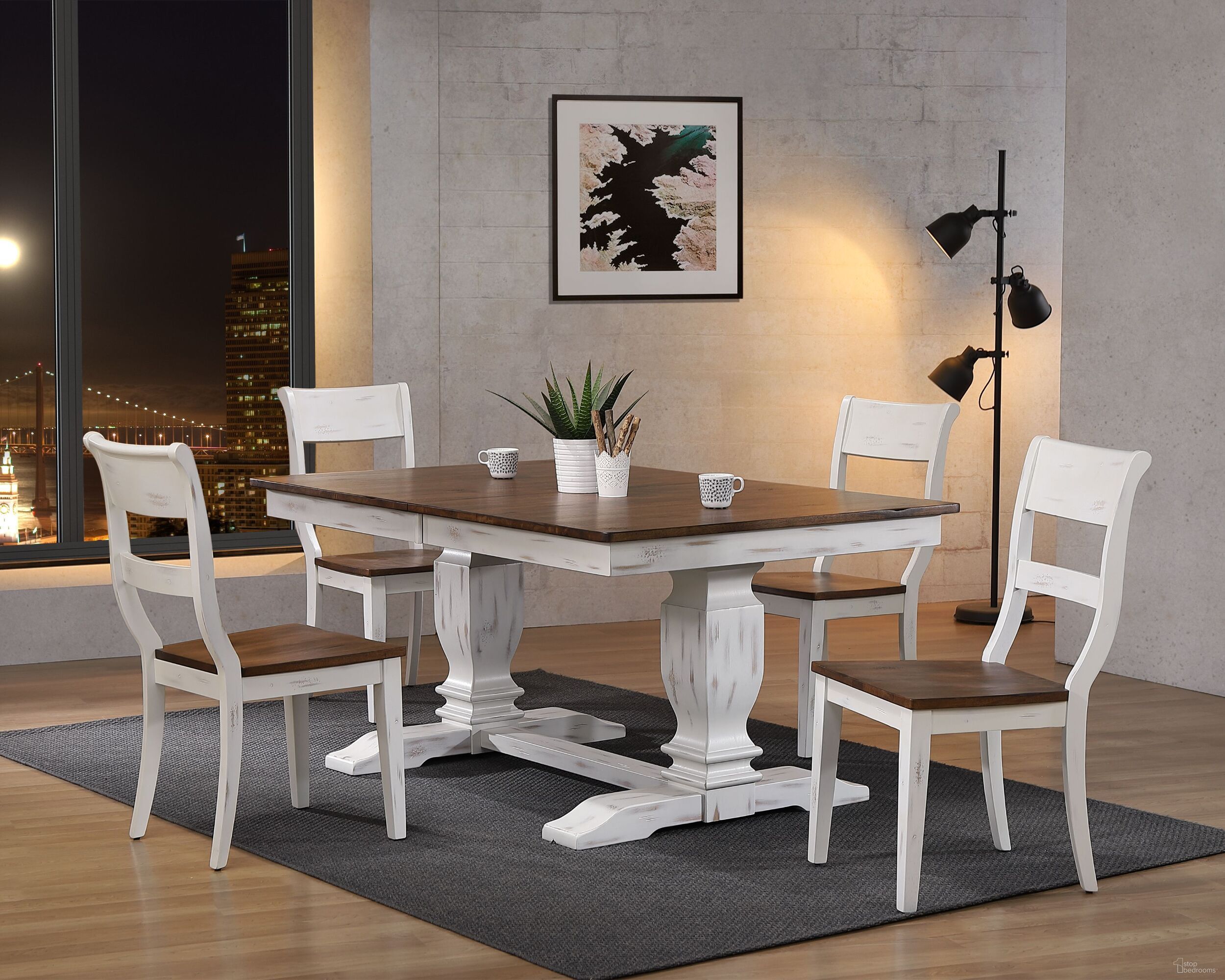 The appearance of Double Transitional Pedestal Dining Side Chair 5-Piece Set In Cocoa Brown and Cotton White designed by Iconic Furniture in the rustic / southwestern interior design. This cocoa brown and cotton white piece of furniture  was selected by 1StopBedrooms from TR Collection to add a touch of cosiness and style into your home. Sku: RT82TRCH61DBNDWT-5PC. Table Base Style: Double Pedestal. Table Top Shape: Rectangular. Material: Rubberwood.